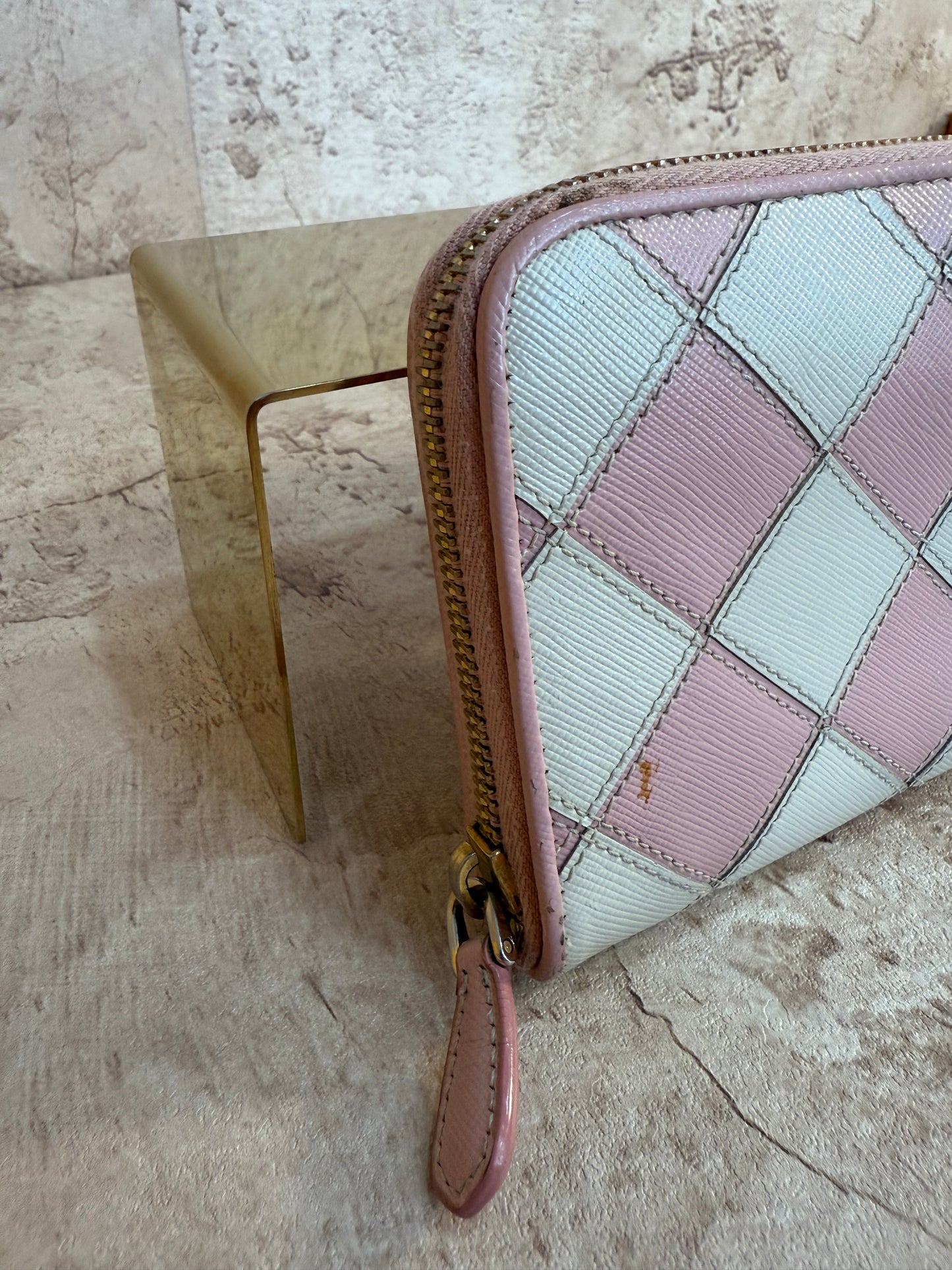 Prada Pink & White Diamond Leather Stitch Zippy Wallet