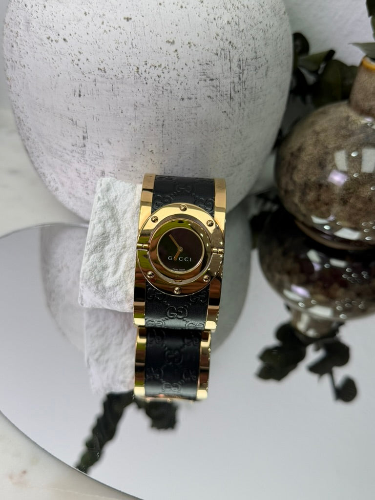 Gucci GG Black Leather, Gold Tone & Stainless Steel Twirl Quartz Watch