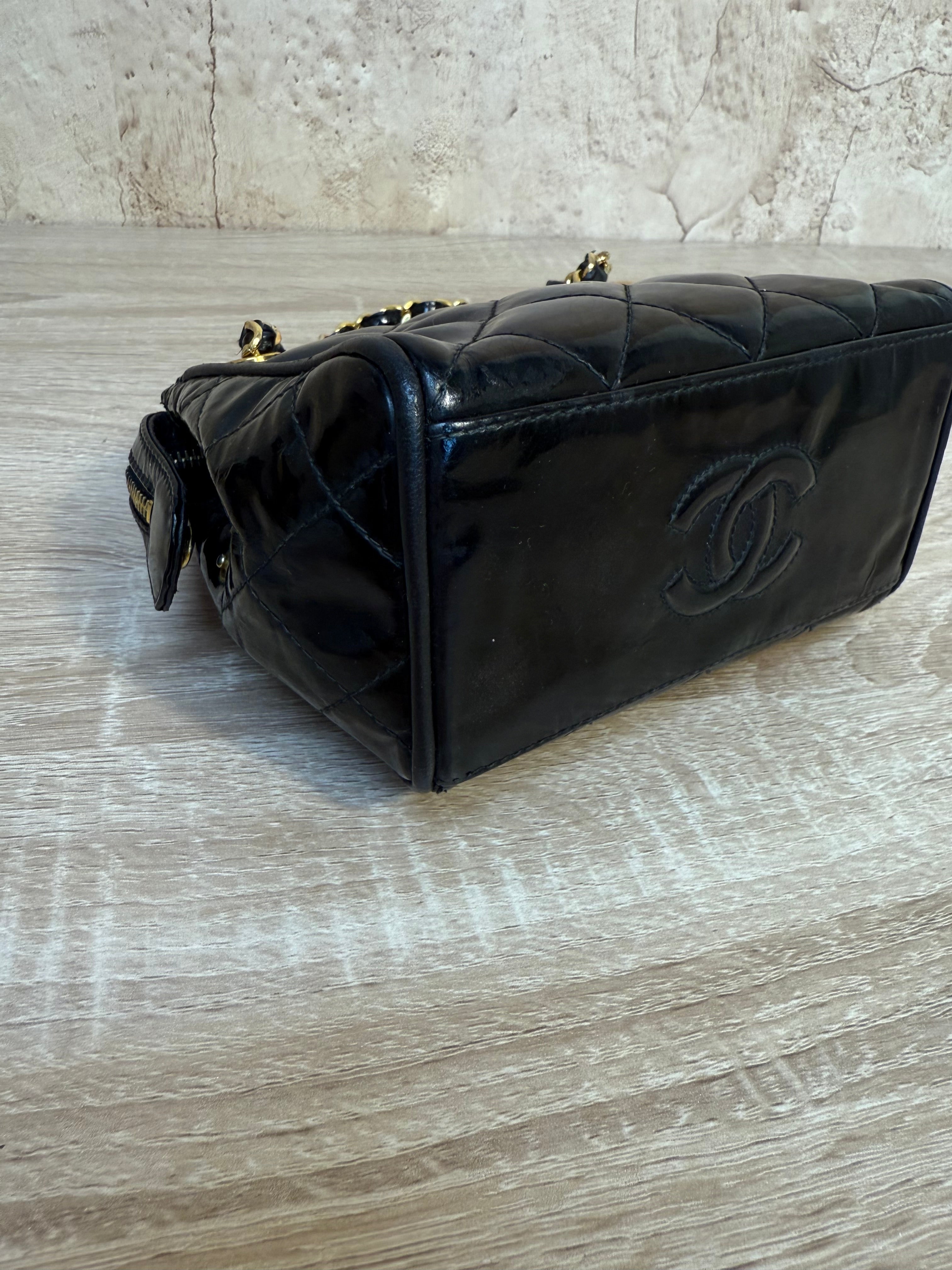 Vintage Chanel Black Quilted Patent Leather Shoulder Bag