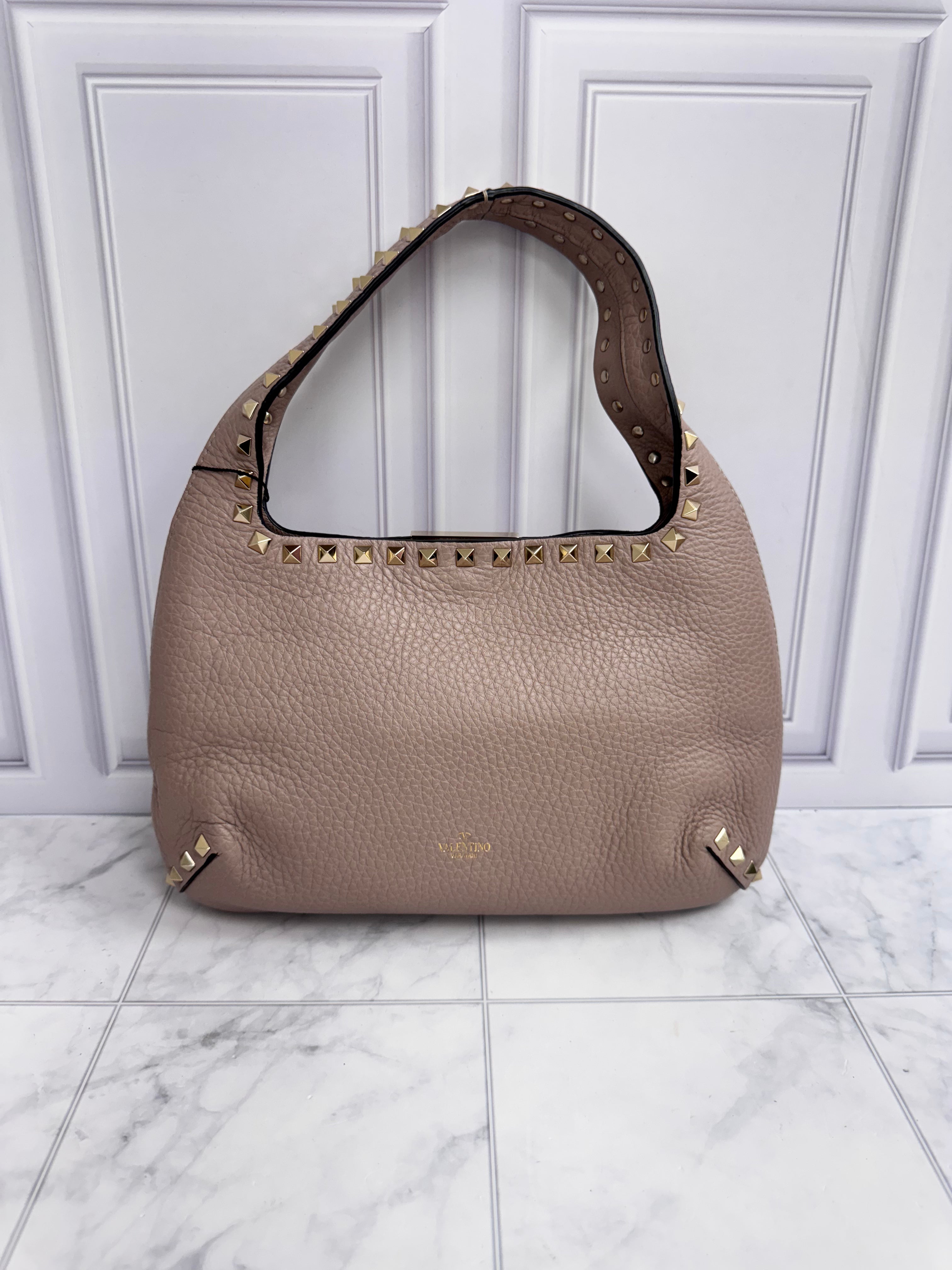 LIKE NEW - Valentino Beige Grained Leather Small Rockstud Flip Lock Hobo Bag