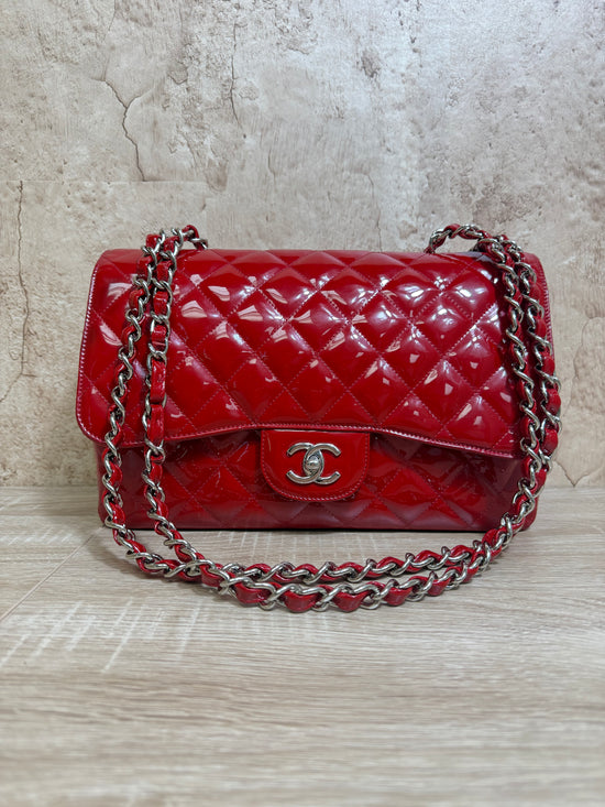 Chanel Red Patent Leather Jumbo Classic Flap