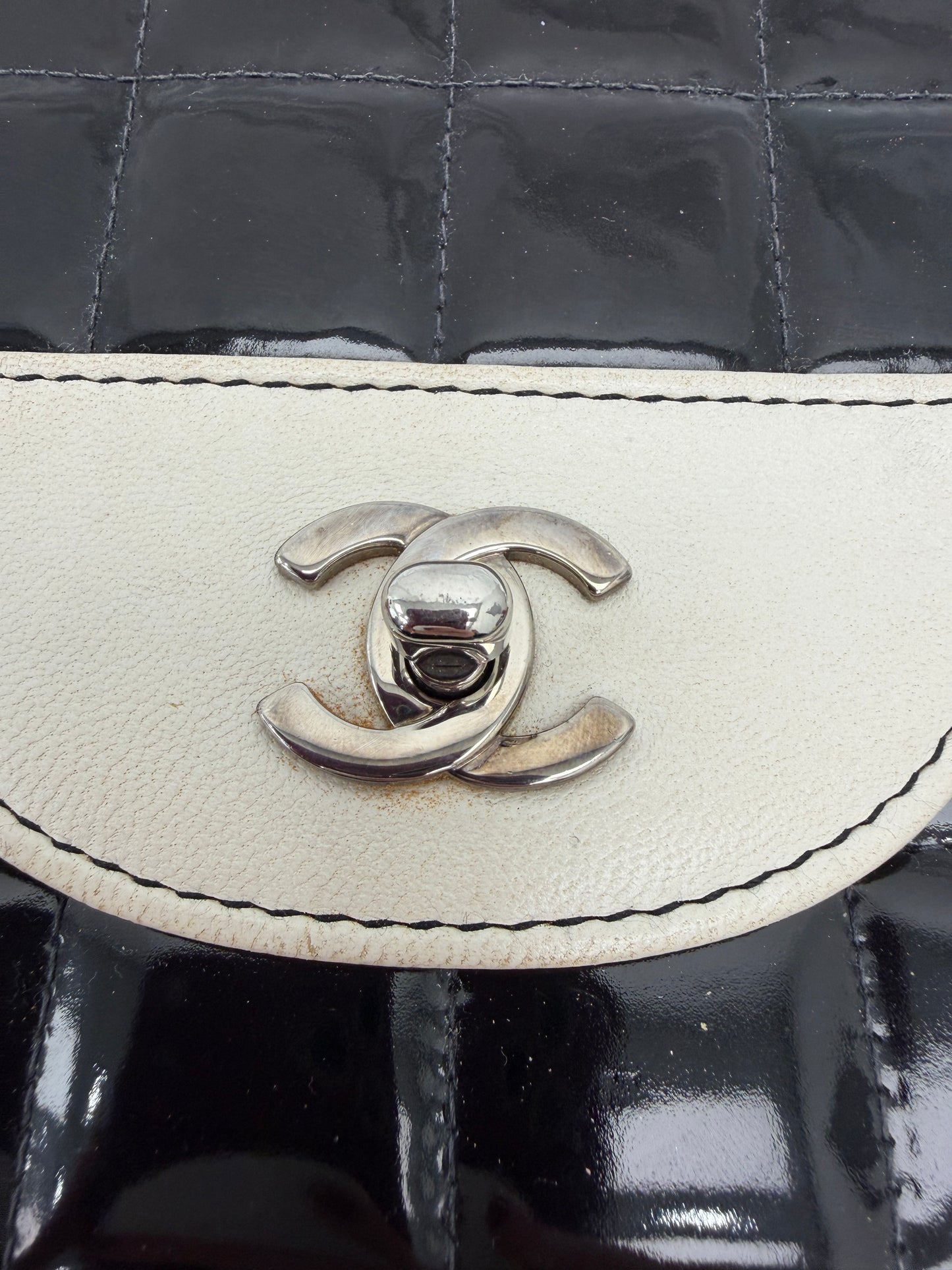 Chanel White & Black Patent Leather Chocolate Bar Square Bag