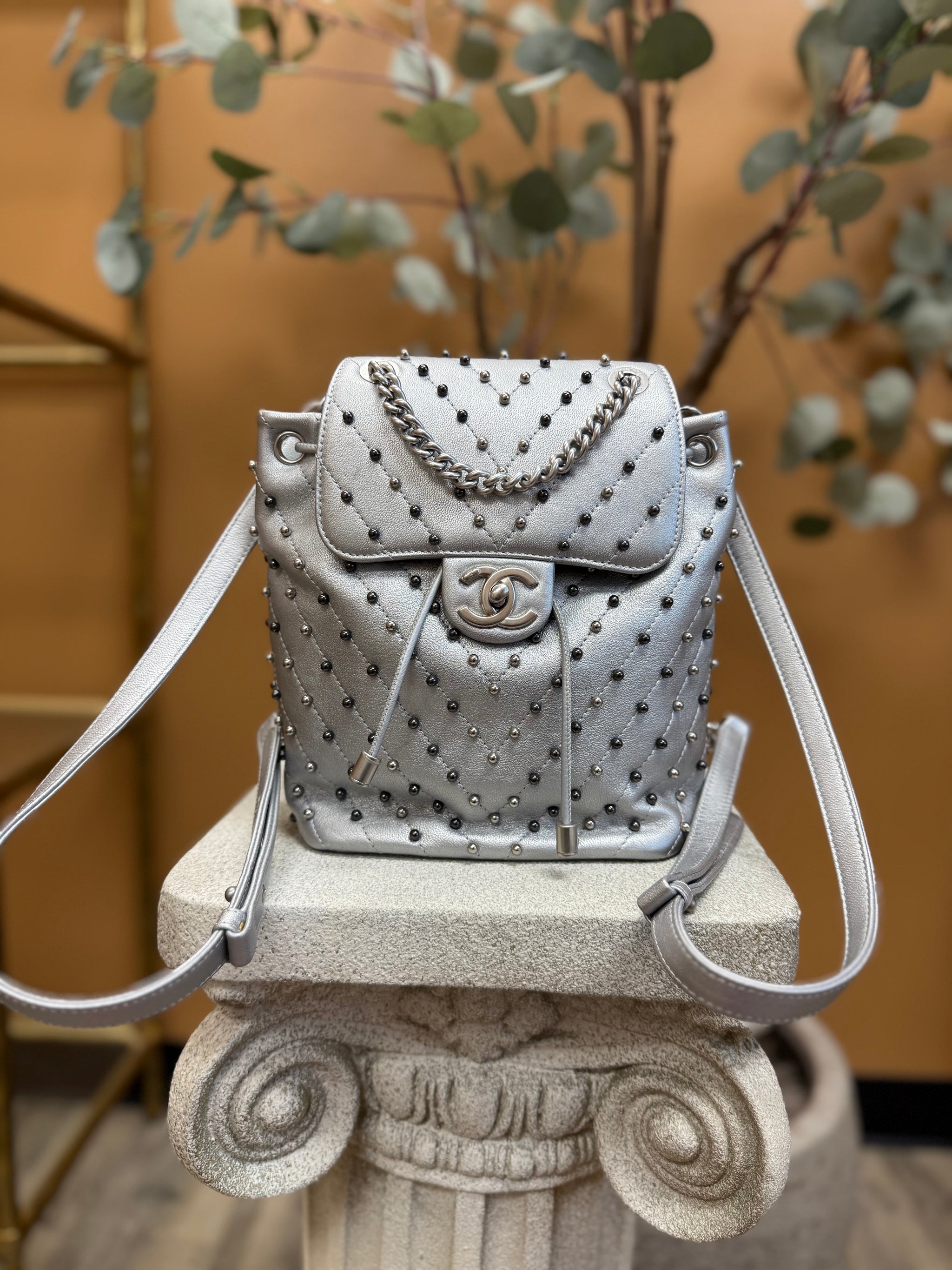 Chanel Silver Metallic Chevron Studded Backpack