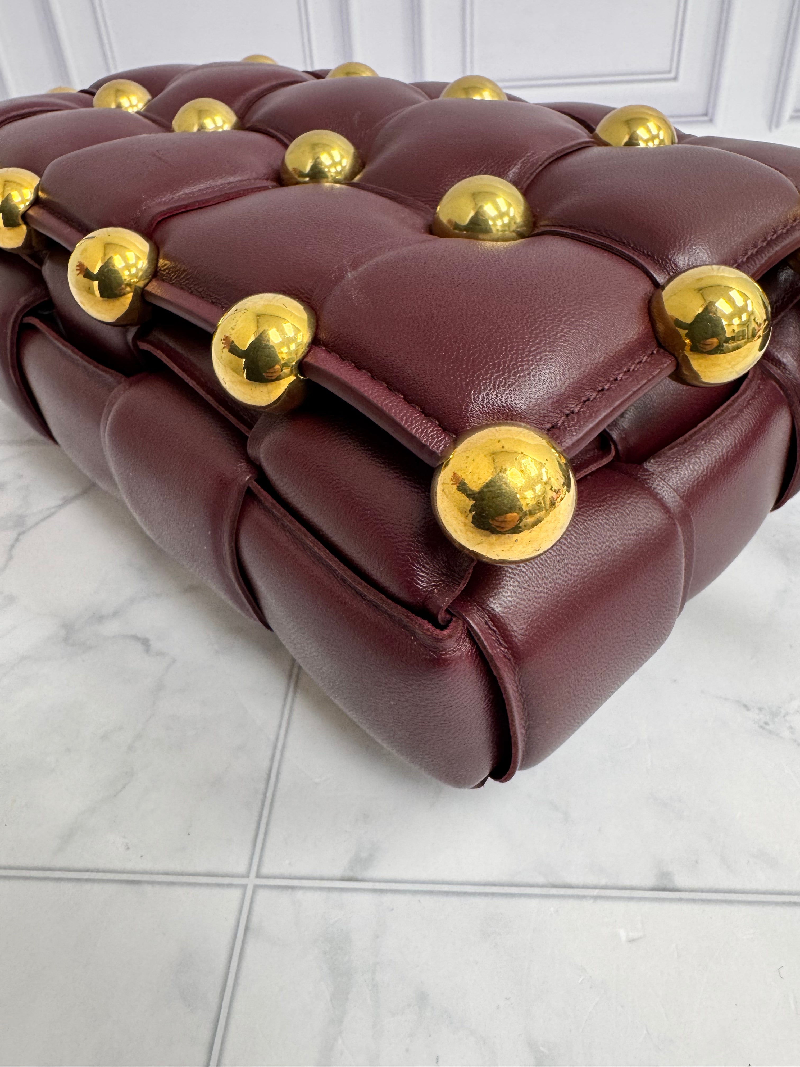 Bottega Veneta Burgundy Padded Maxi Intrecciato Leather Studded Cassette Crossbody Bag