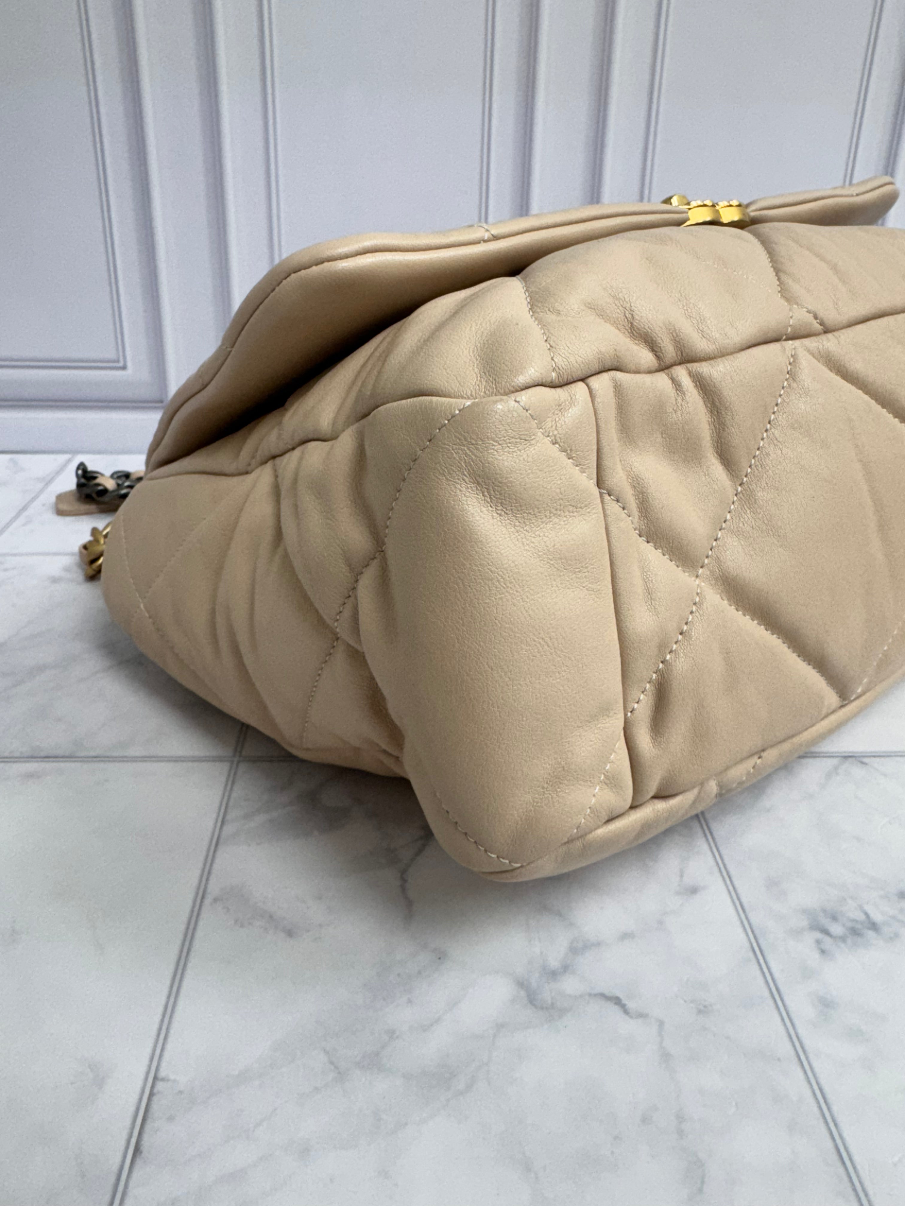 Chanel Beige Diamond Quilted Leather Chanel 19 Maxi Flap Bag