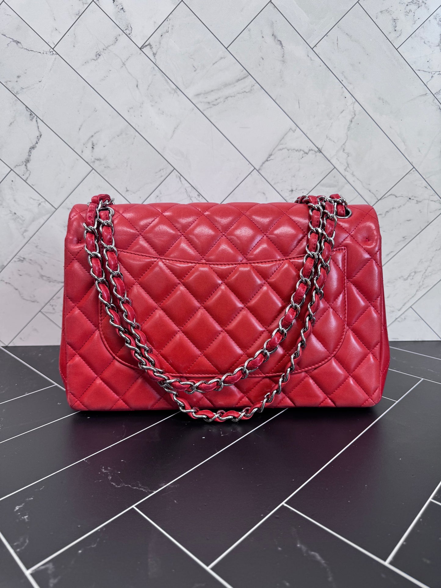 Chanel Orange/Red Lambskin Quilted Large Double Flap