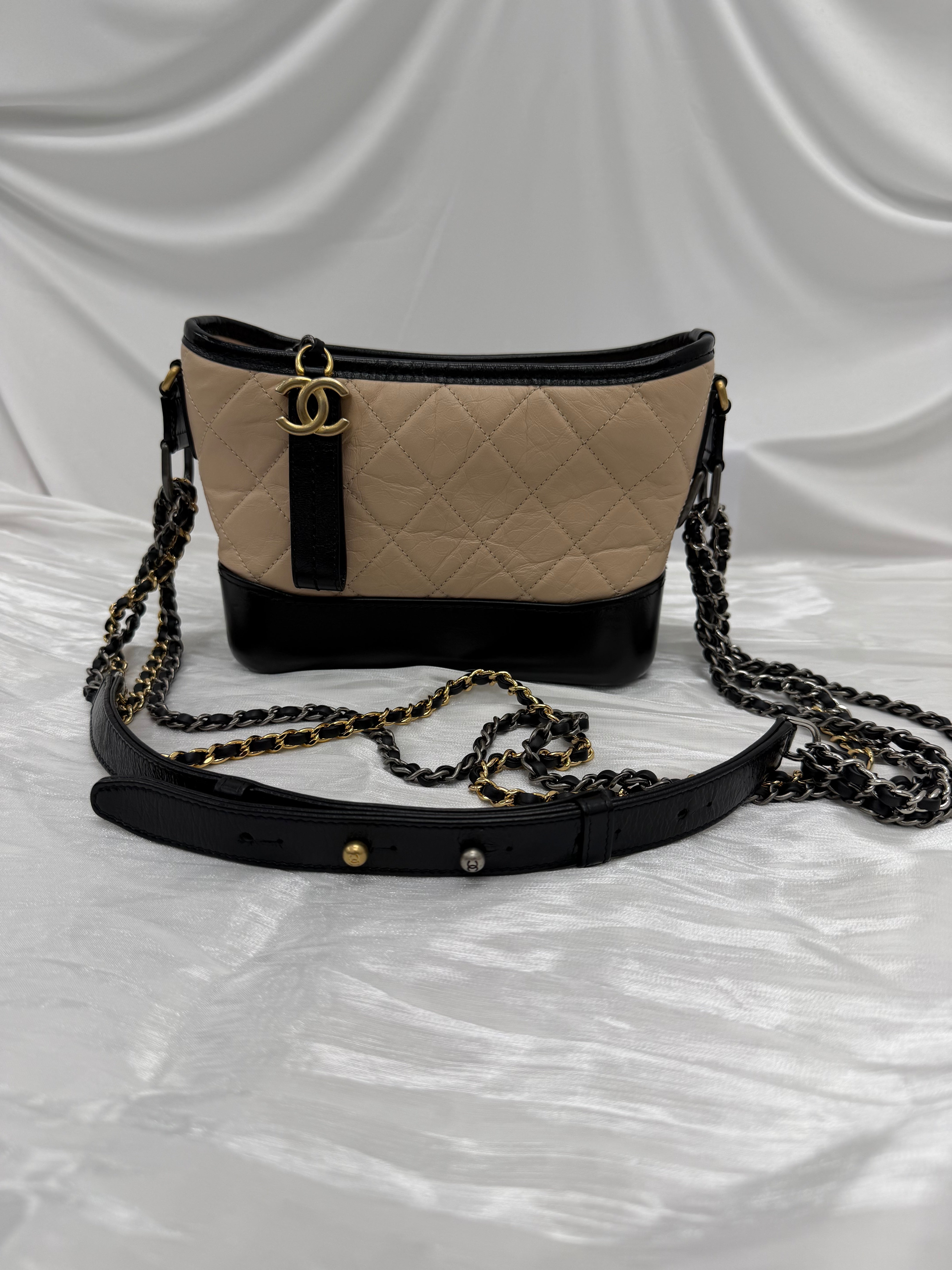 Chanel Beige & Black Aged Quilted Calfskin Small Gabrielle Hobo Bag