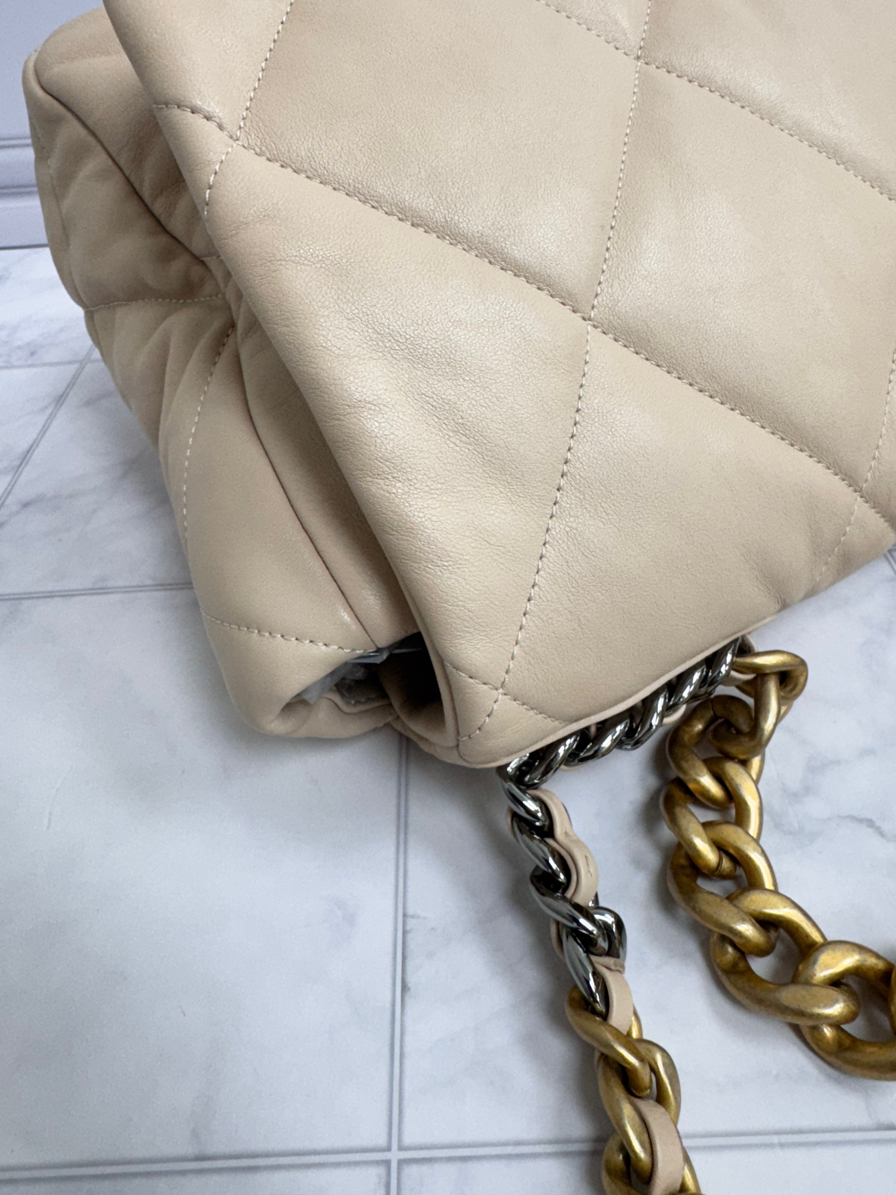 Chanel Beige Diamond Quilted Leather Chanel 19 Maxi Flap Bag