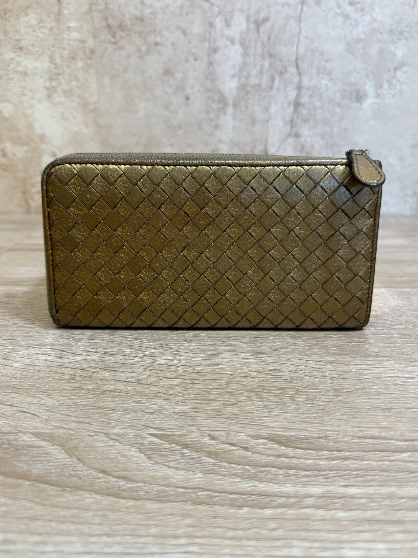 Bottega Veneta Gold Intrecciato Leather Zip-Around Wallet