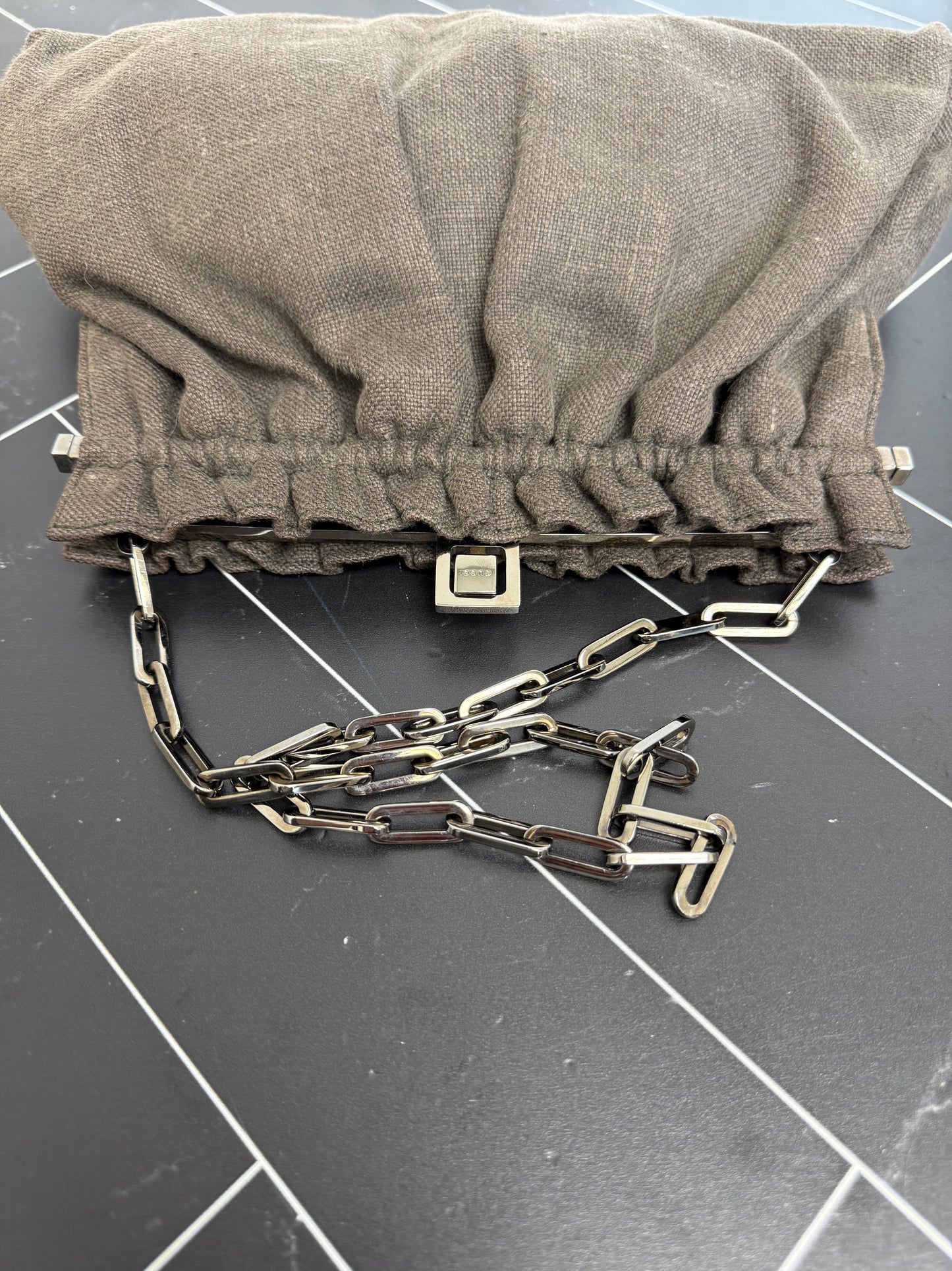 Gucci Vintage Grey Canvas Ruffle Clutch Shoulder Bag