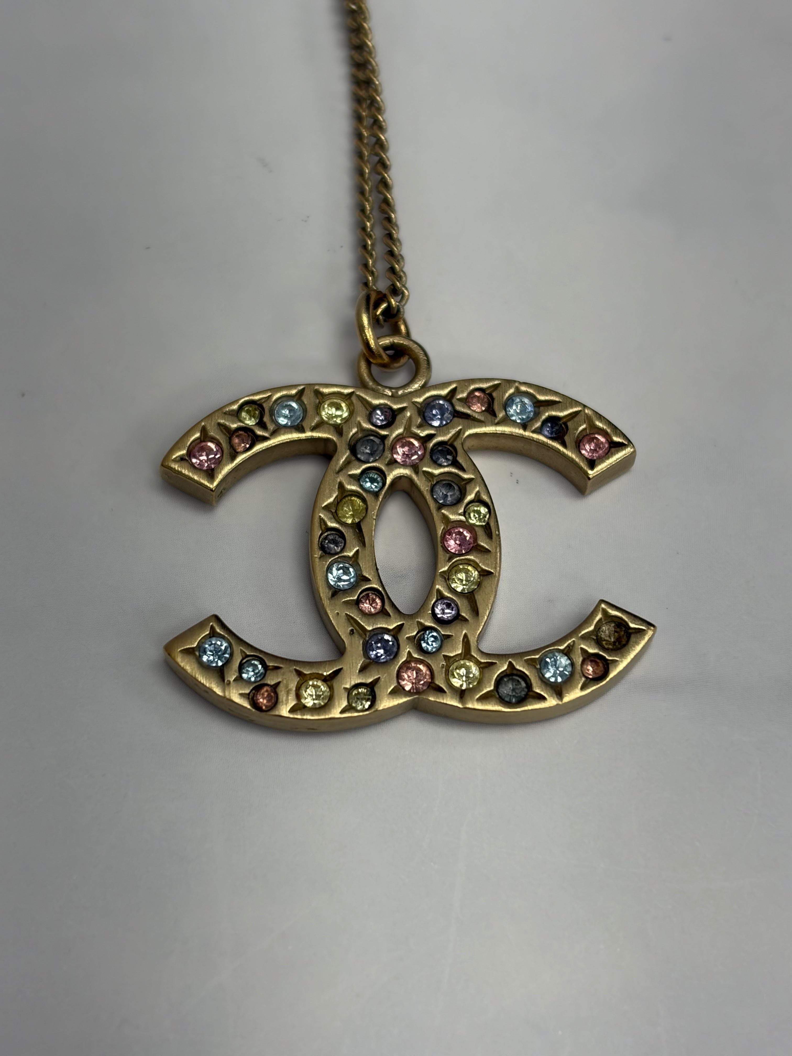 Chanel Gold Tone CC Pastel Crystal Pendent Necklace