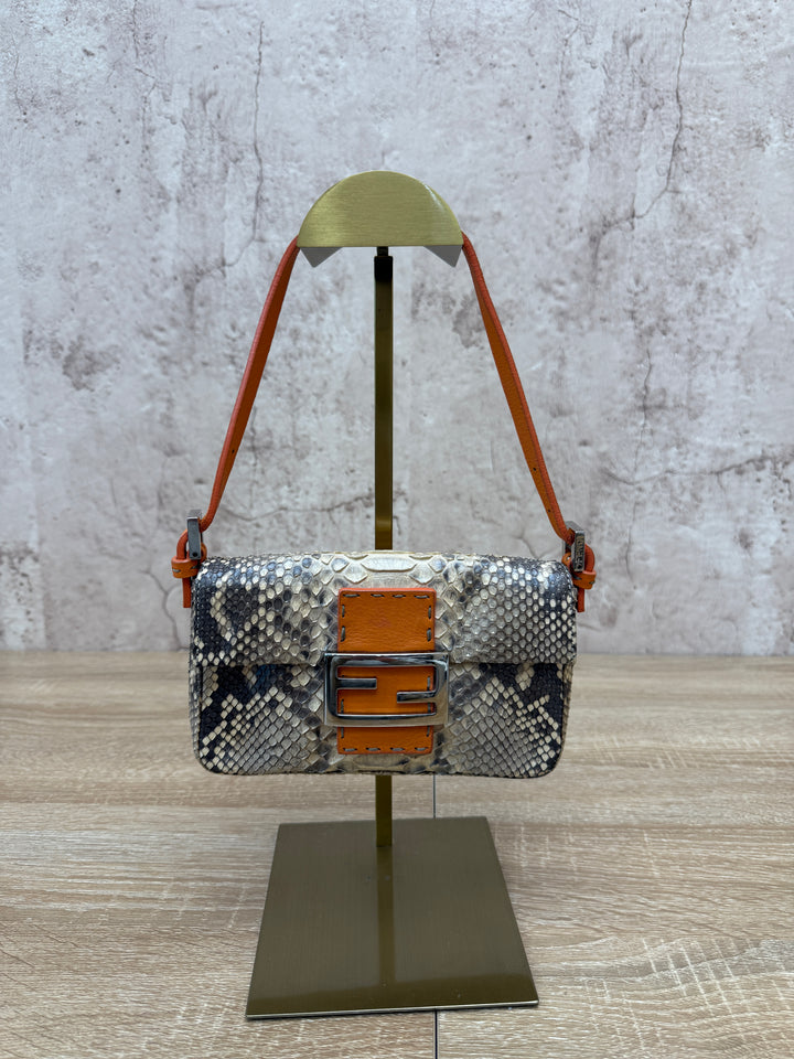 Fendi Orange Leather and Python Selleria Baguette Bag