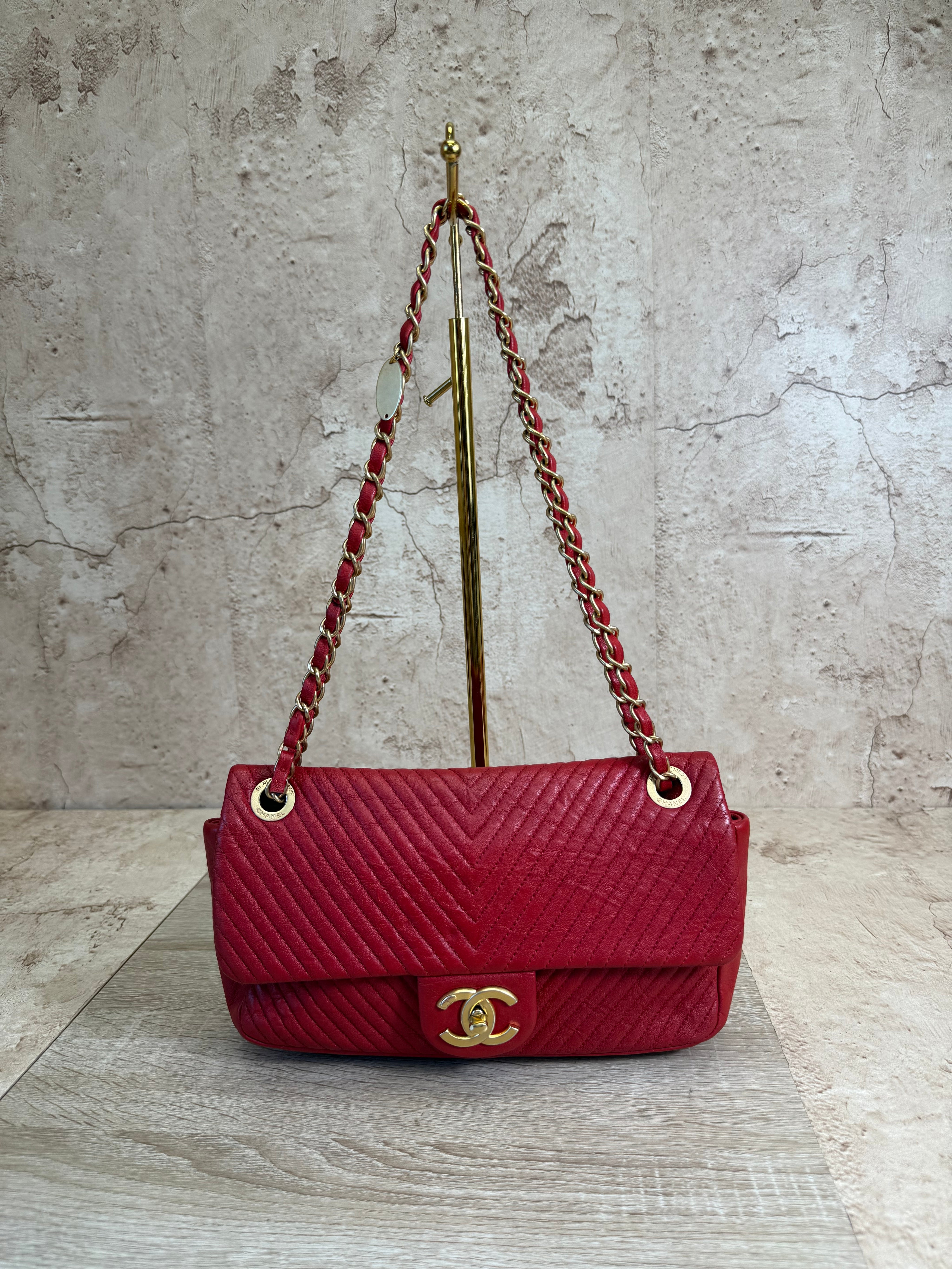 Chanel Red Chevron Quilt Surpique Flap Bag