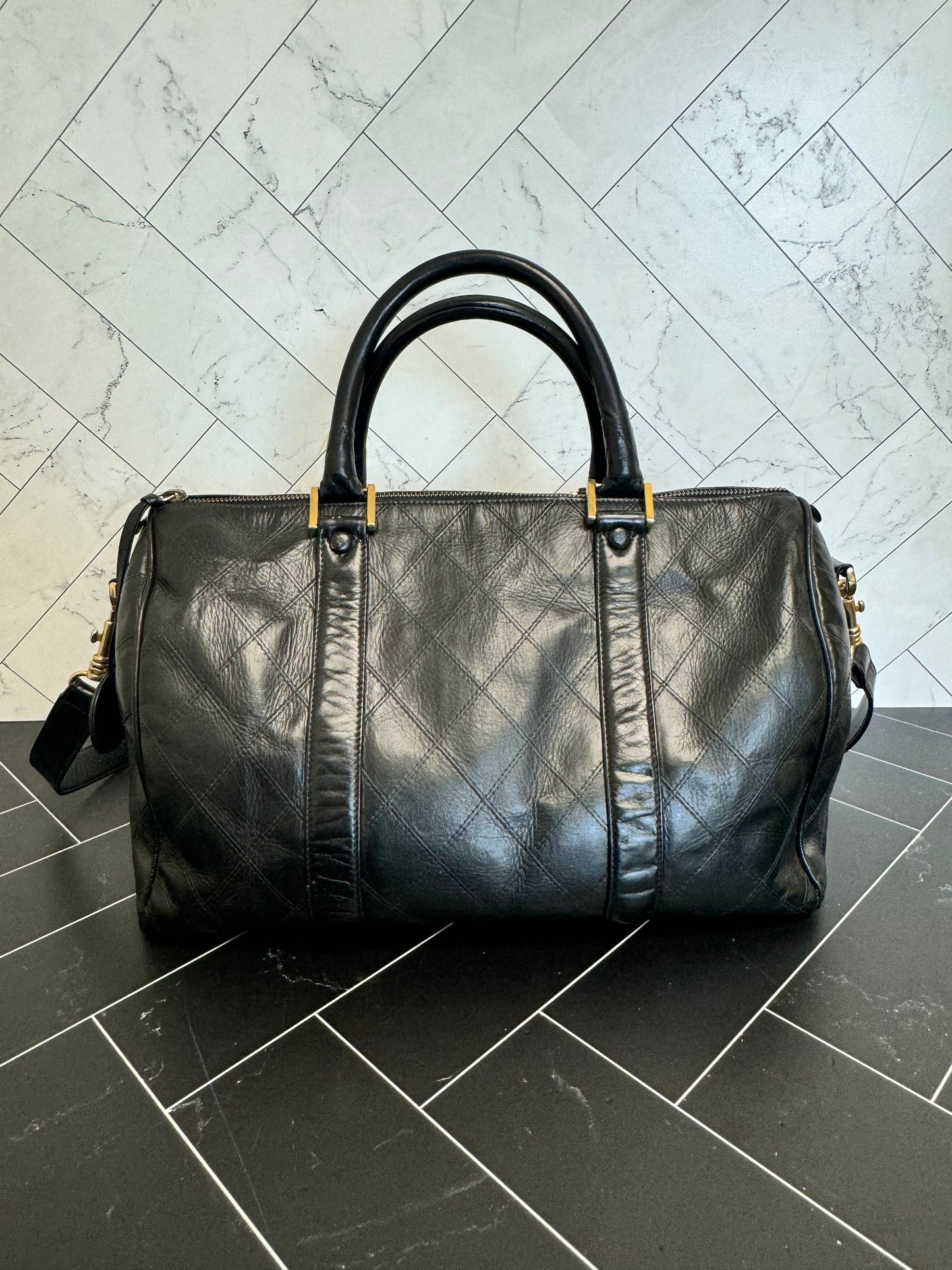 Chanel Vintage Black Lambskin Quilted Boston Bag