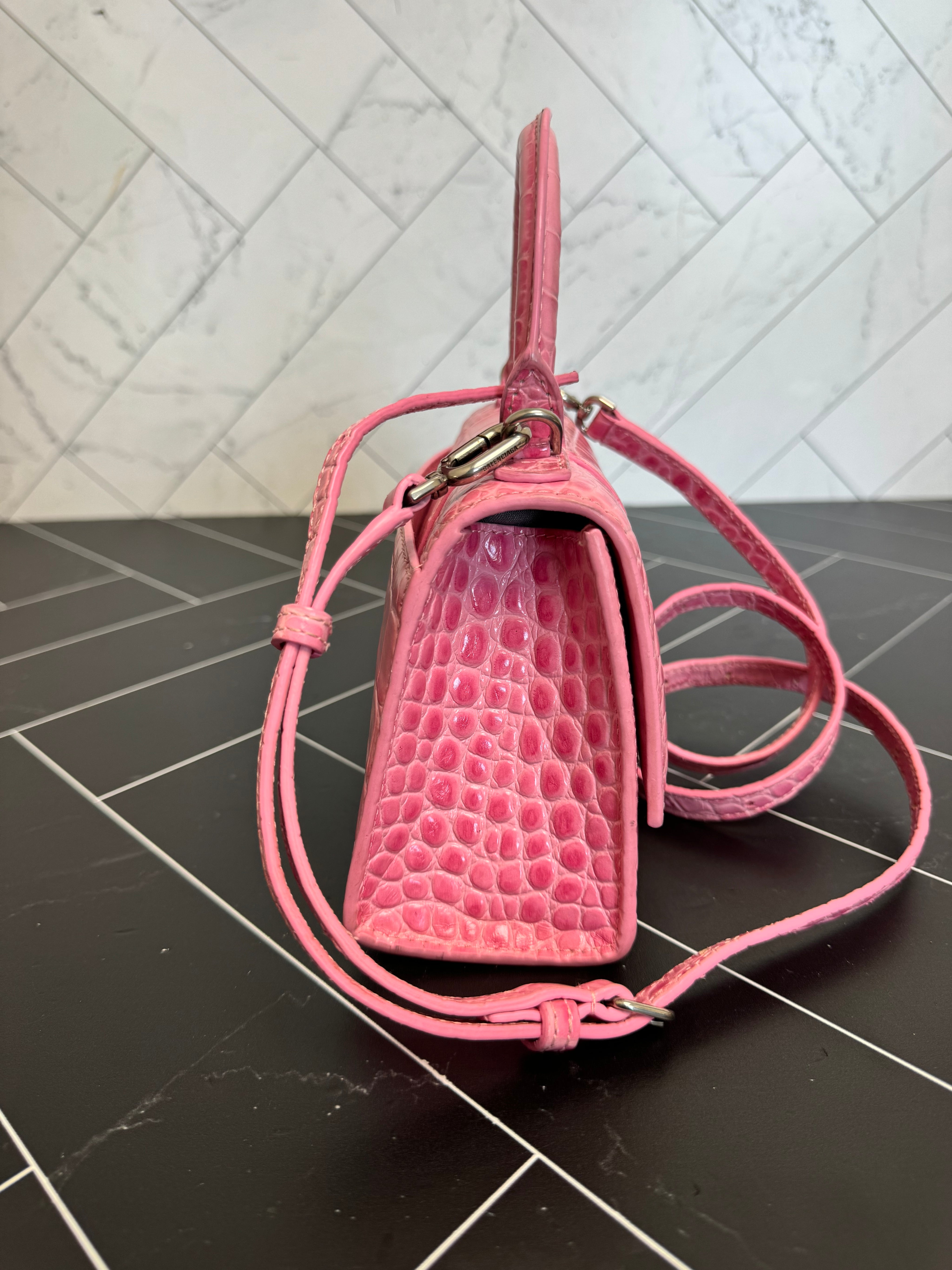 Balenciaga Pink Croc Embossed 2Way XS Hourglass Bag