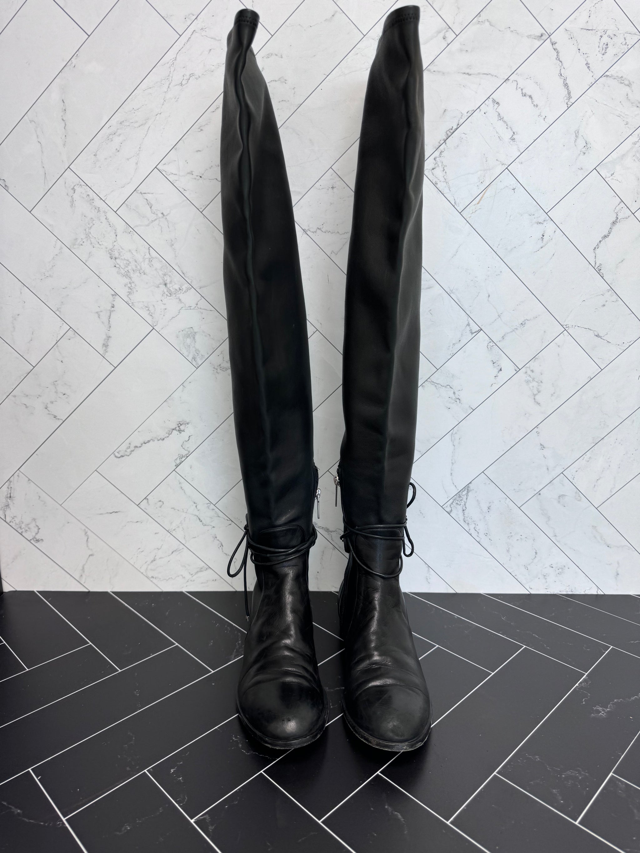 Christian Dior Black Nappa Leather Studded Stellar Over The Knee Boots Size 39