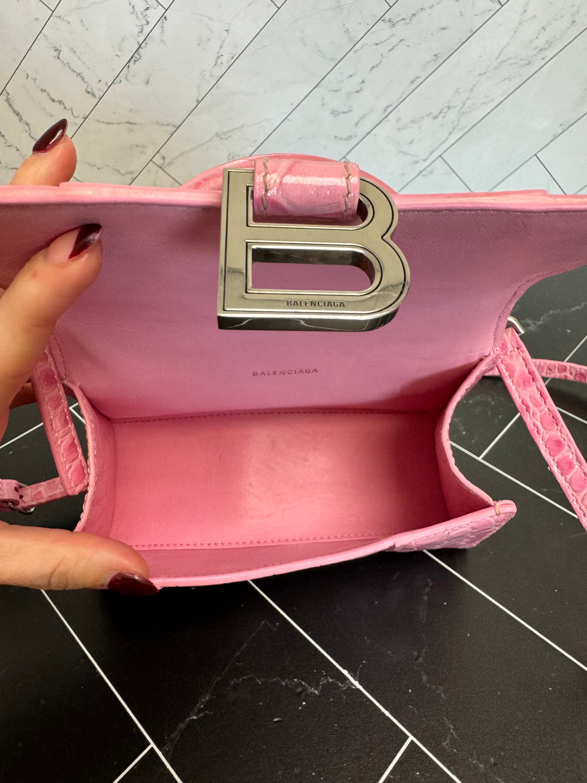 Balenciaga Pink Croc Embossed 2Way XS Hourglass Bag