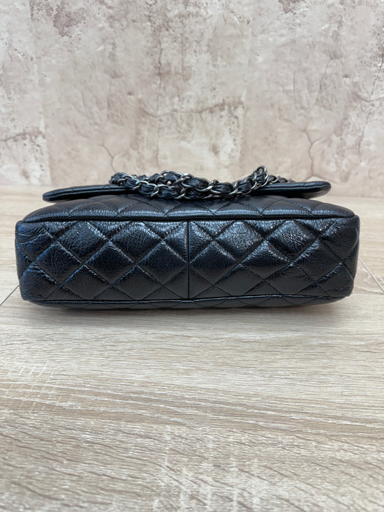 Chanel Large Black Glazed Quilted Goatskin Classic Single Flap Bag