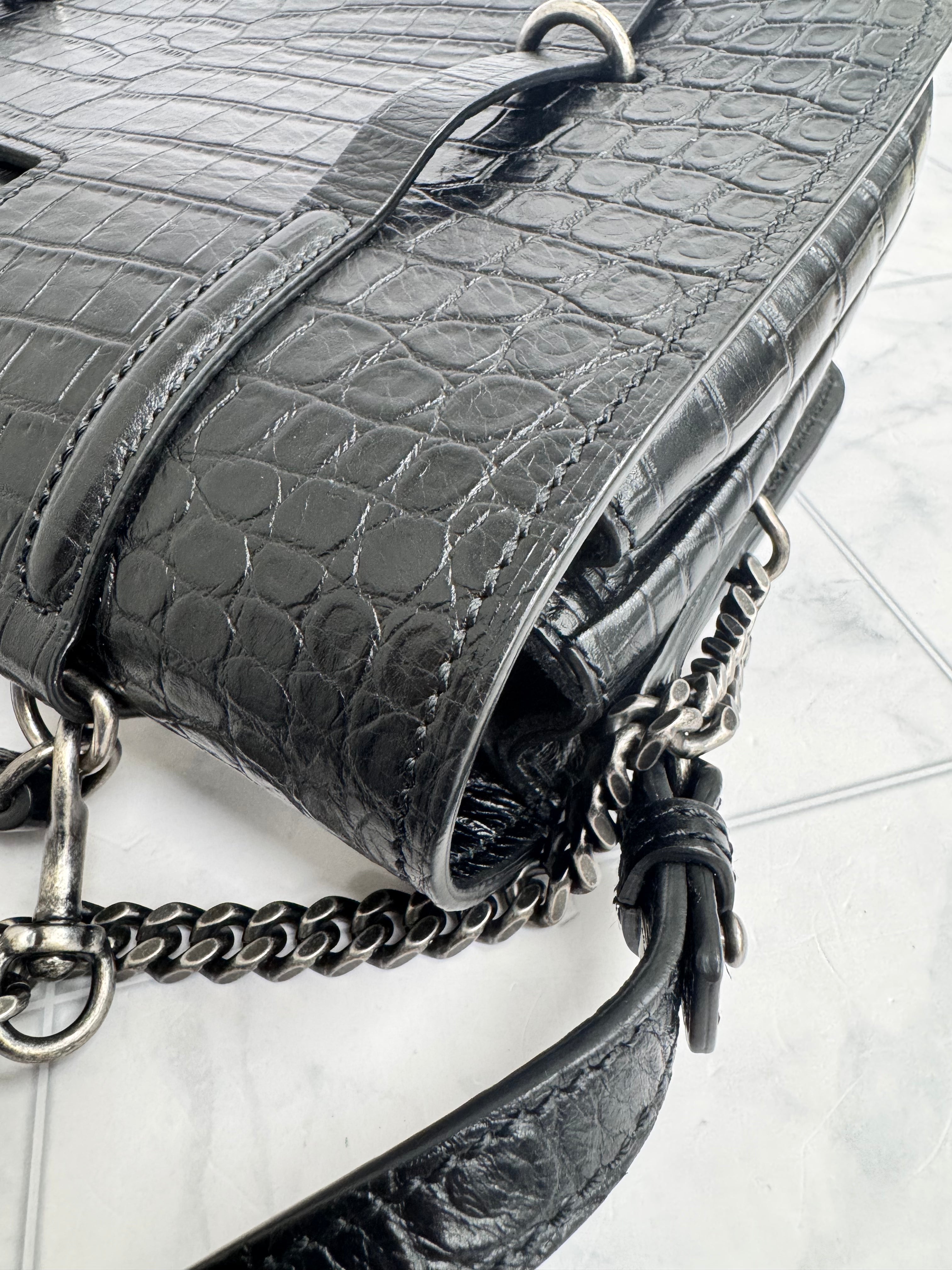 Saint Laurent YSL Black Croc Embossed Leather Charlotte Messenger Bag