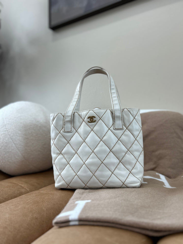 Chanel White Calfskin Wild Stitch Tote Bag