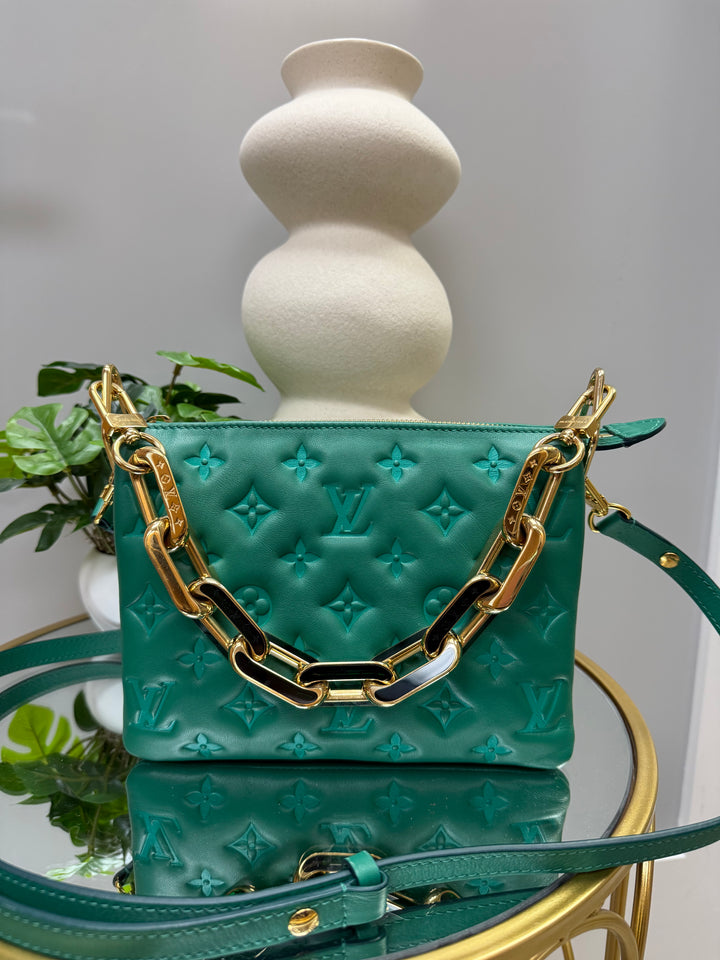 LIKE NEW Louis Vuitton Emerald Green Monogram Embossed  Lambskin Coussin Bag