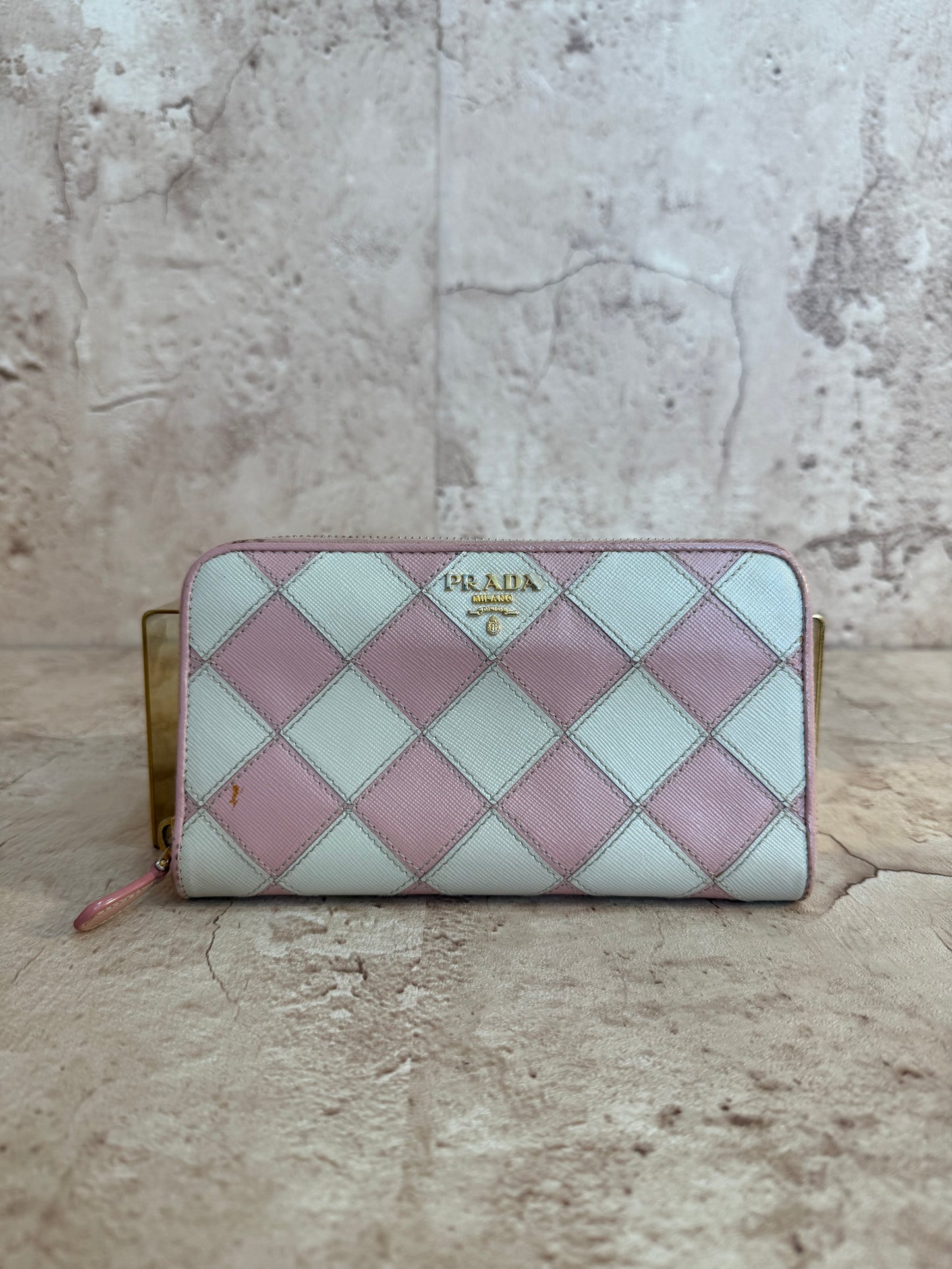 Prada Pink & White Diamond Leather Stitch Zippy Wallet