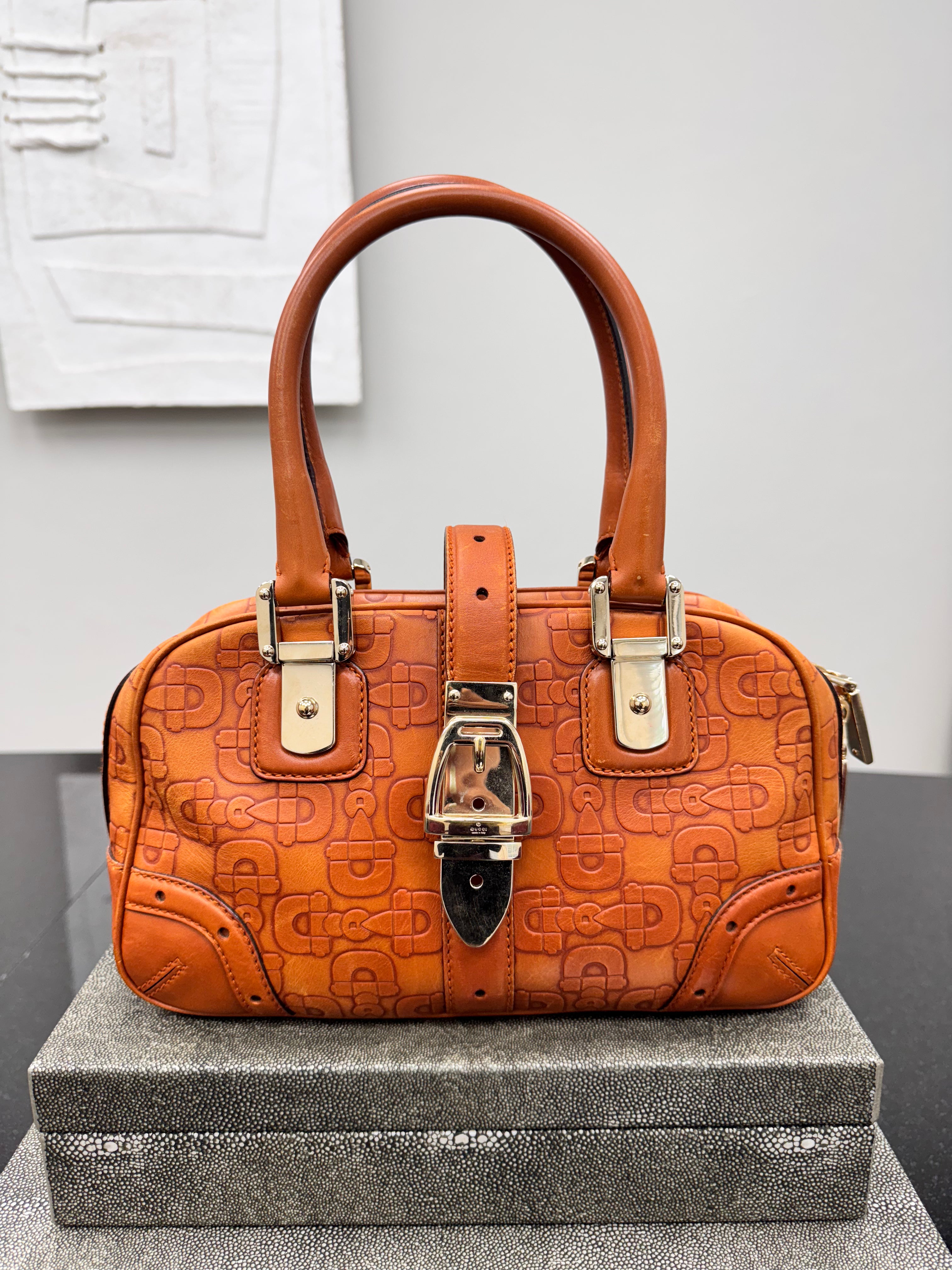 Gucci Tan Horsebit Embossed Leather Shoulder Bag