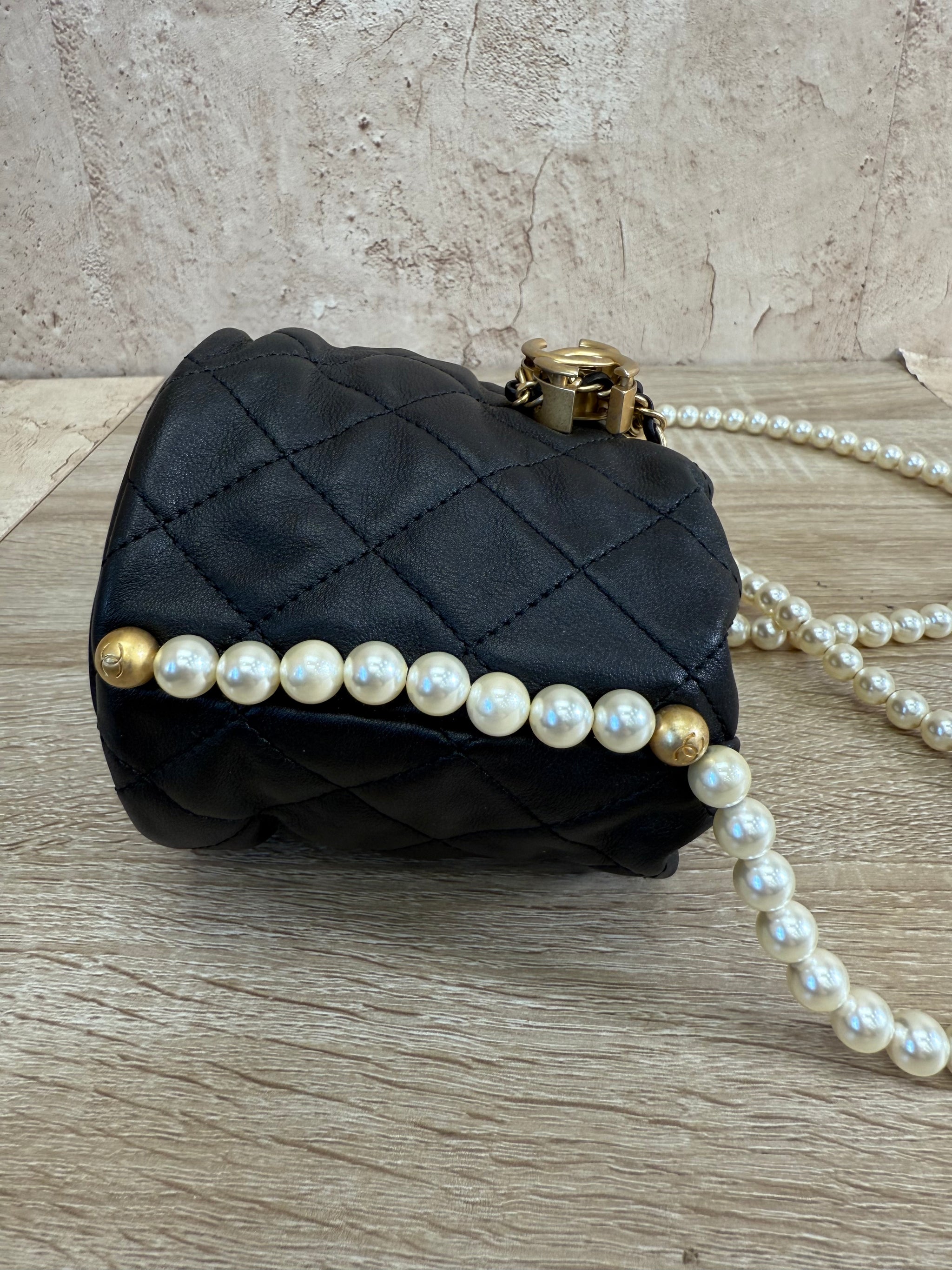 Chanel Black Leather Mini About Pearls Bucket Bag