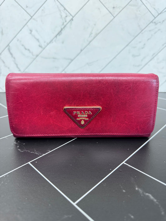 Prada Red Crumpled Leather Long Wallet