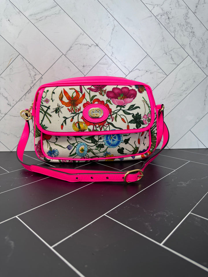 BRAND NEW Gucci Floral Canvas & Hot Pink Leather Crossbody