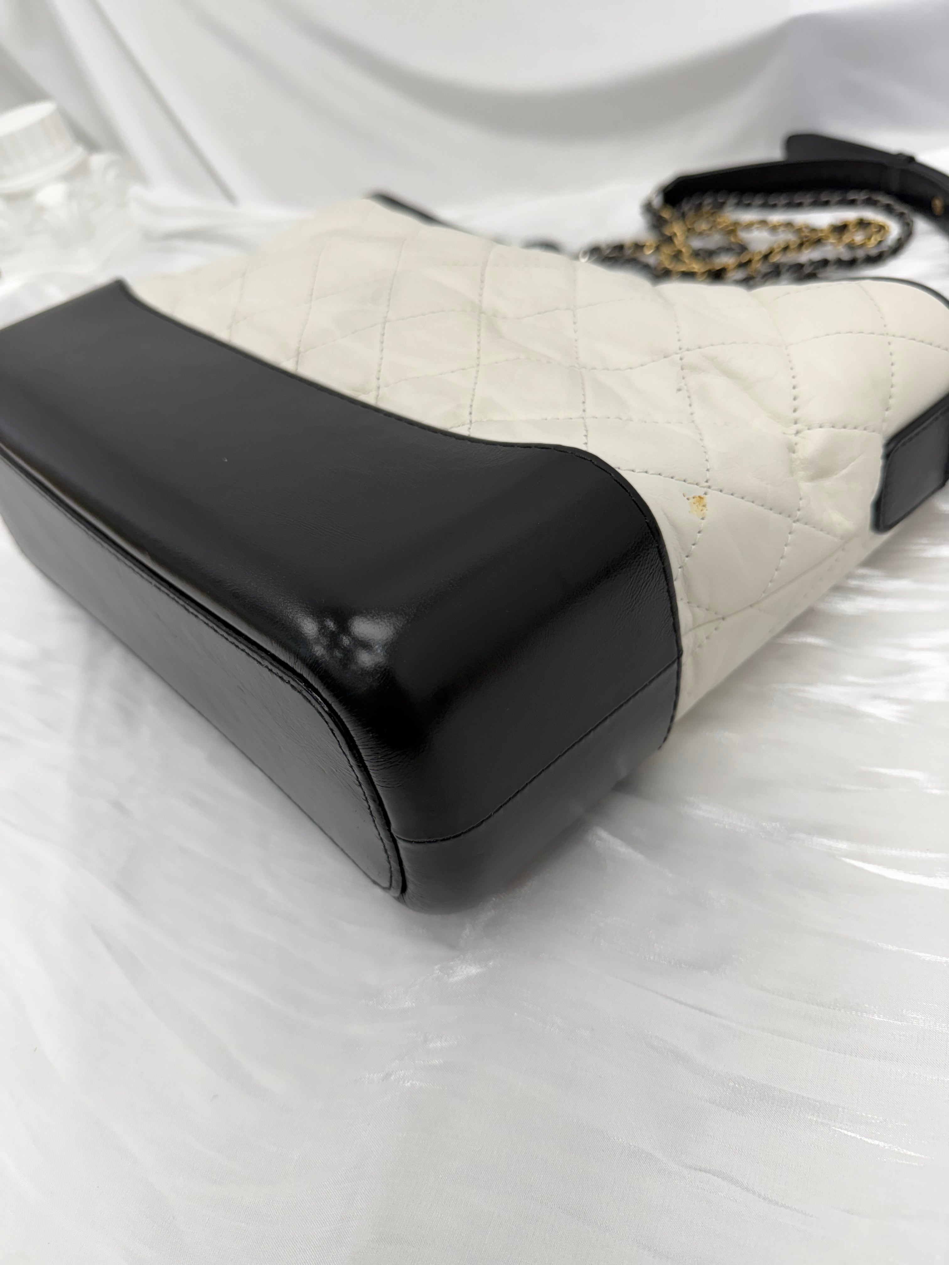 Chanel White & Black Aged Quilted Calfskin Medium Gabrielle Hobo Bag