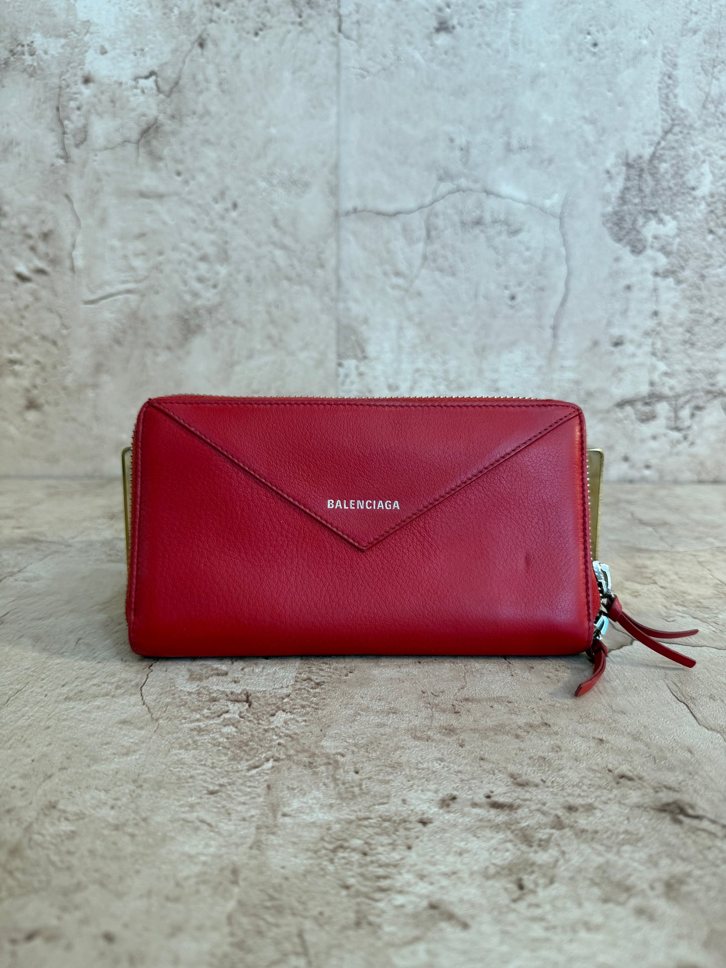 Balenciaga Red Calfskin Leather Zippy Wallet