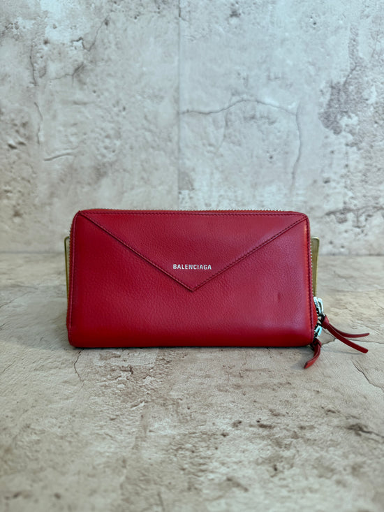 Balenciaga Red Calfskin Leather Zippy Wallet