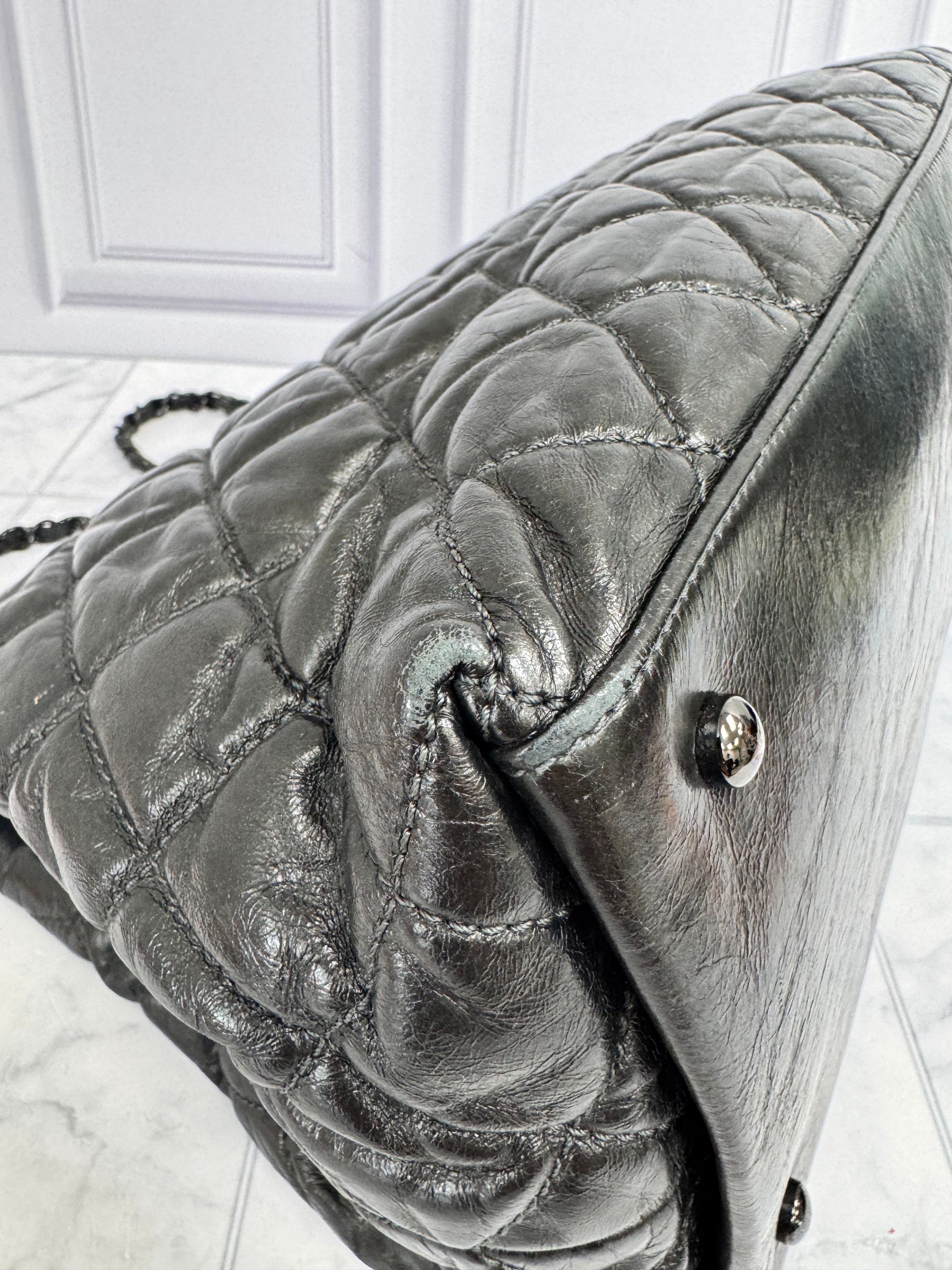 Chanel Metallic Gunmetal Diamond Quilted Leather Chain Me Small Tote Bag