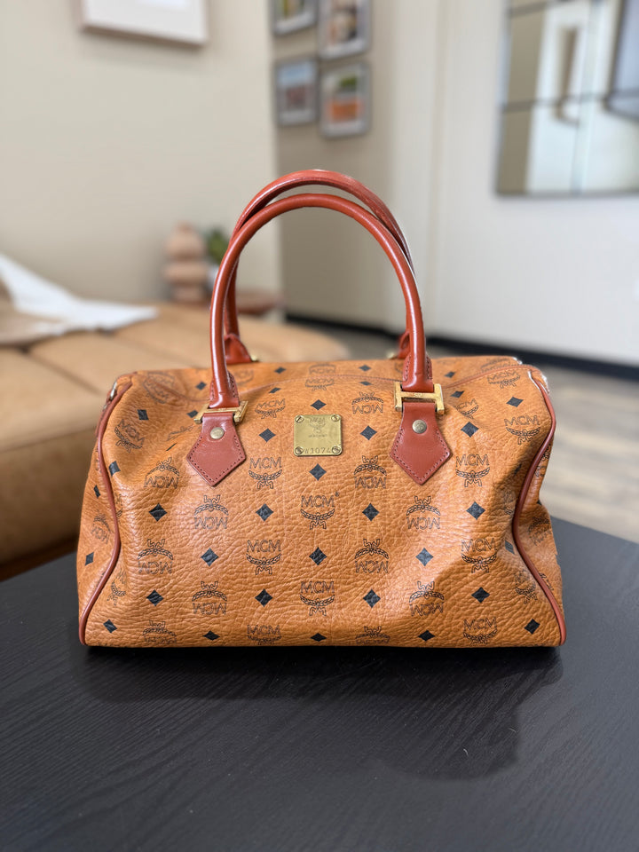 MCM Cognac Leather Visetos Boston Bag