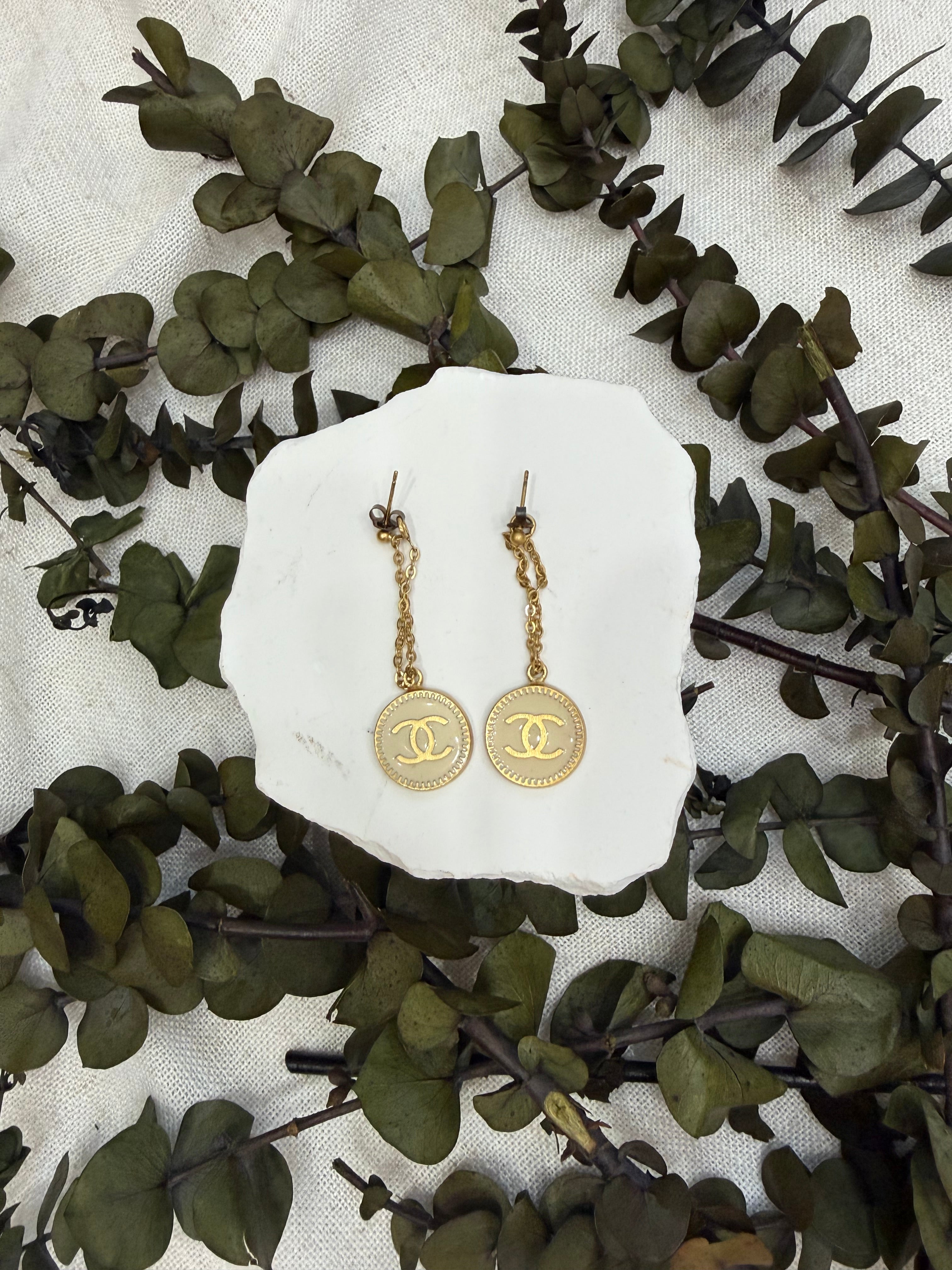Chanel Round ivory Enamel CC Logo Dangle Earrings