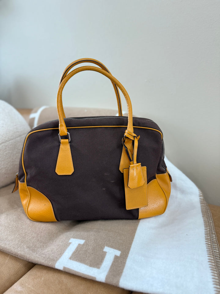 Prada Brown Canvas Canapa Bowler Bag