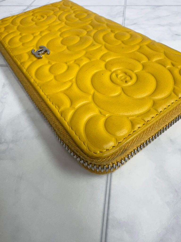 Chanel Yellow Embossed Camellia Flower Leather Zippy Wallet