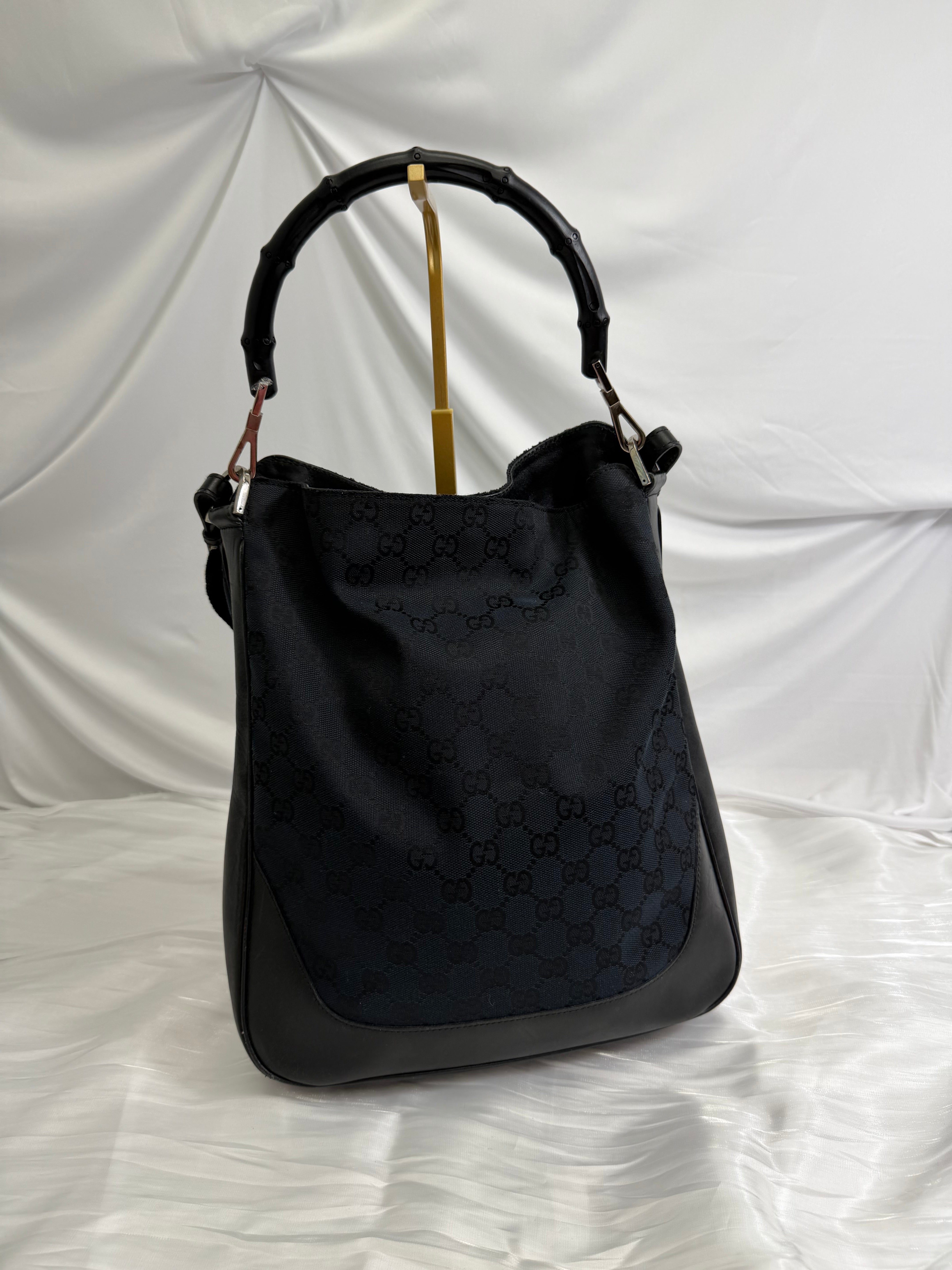 Gucci Black Canvas Bamboo Handle 2Way Bag
