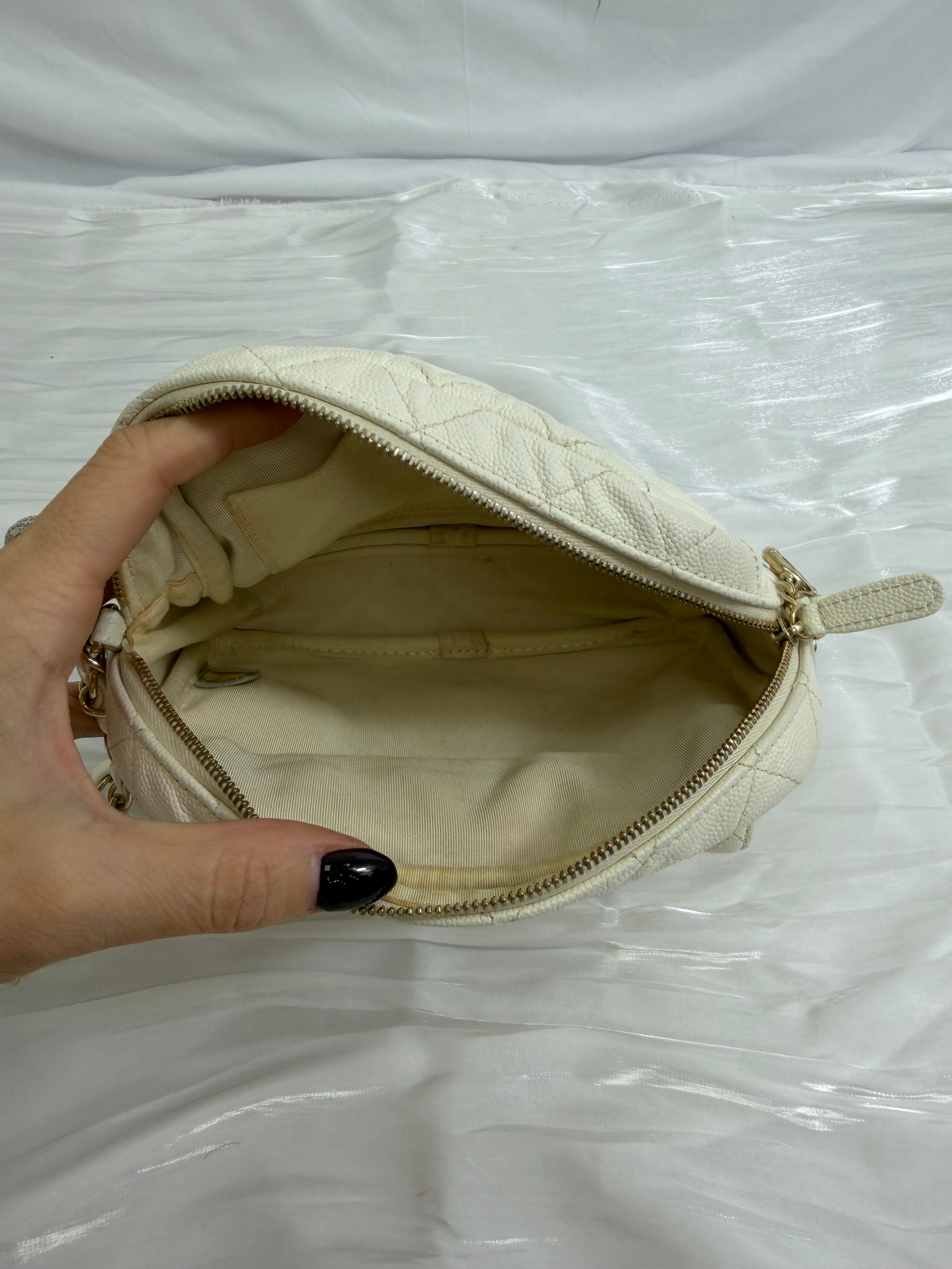 Chanel White Quilted Caviar CC Day Camera Case