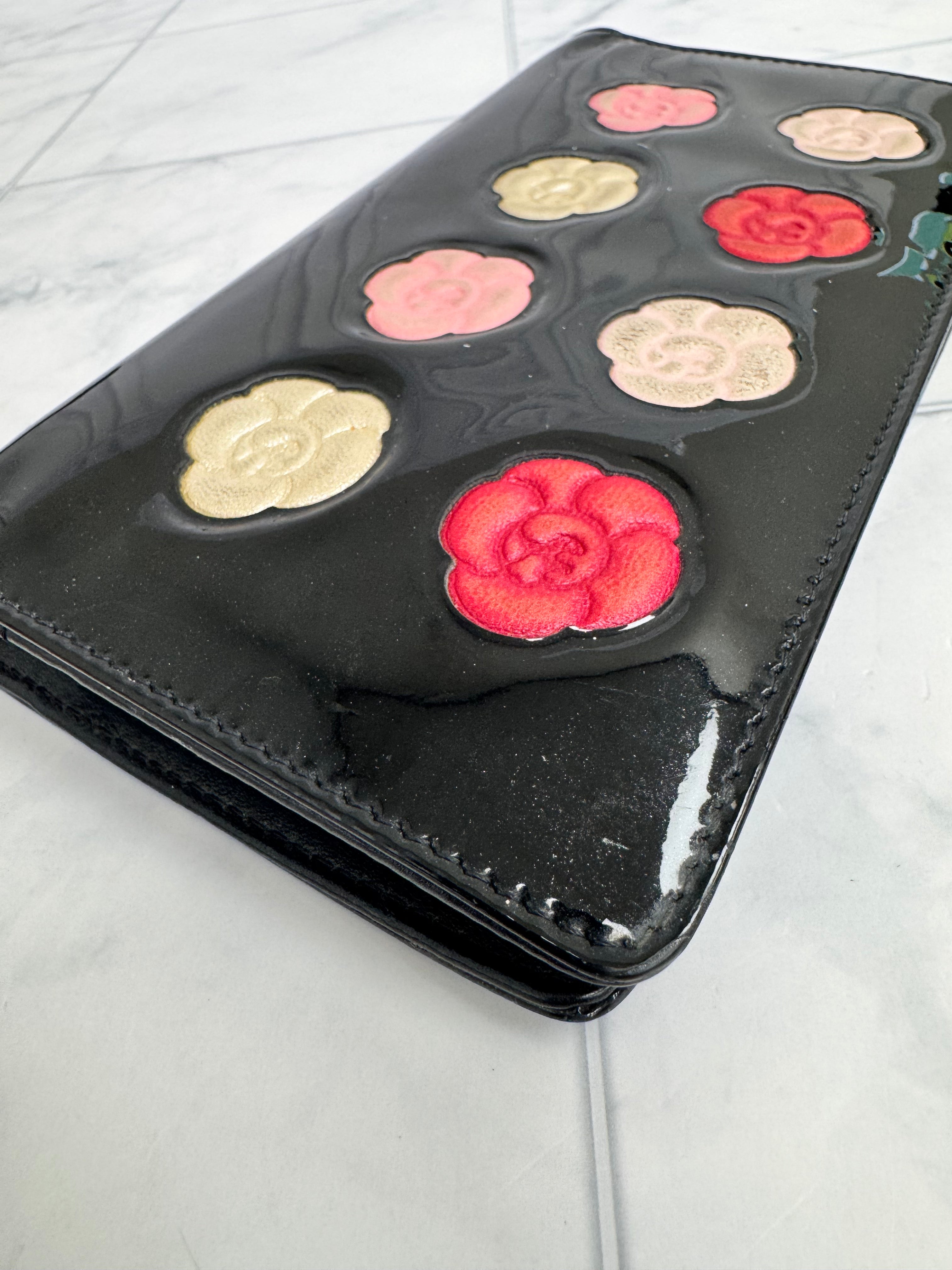 Chanel Black Patent Leather Camelia Flower Long Wallet
