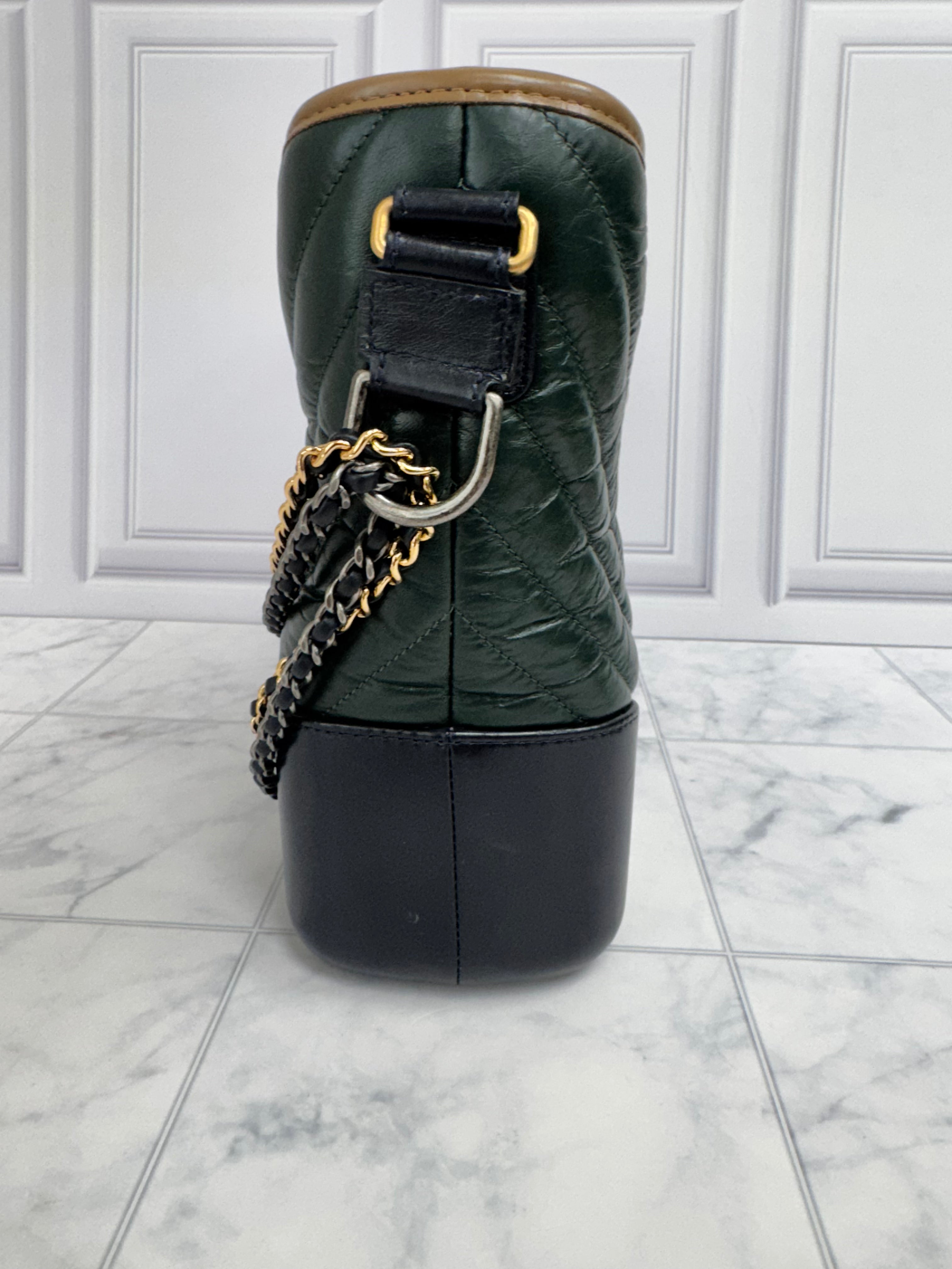 Chanel Green And Blue Chevron Quilted Aged Calfskin Leather Gabrielle Medium Hobo Bag