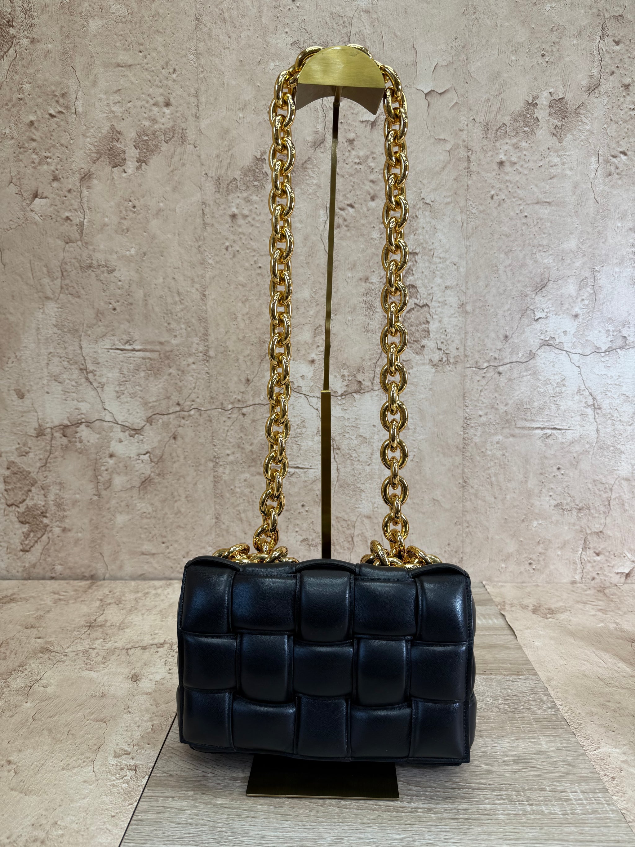 Bottega Veneta Black Leather Padded Bag with Gold Chain