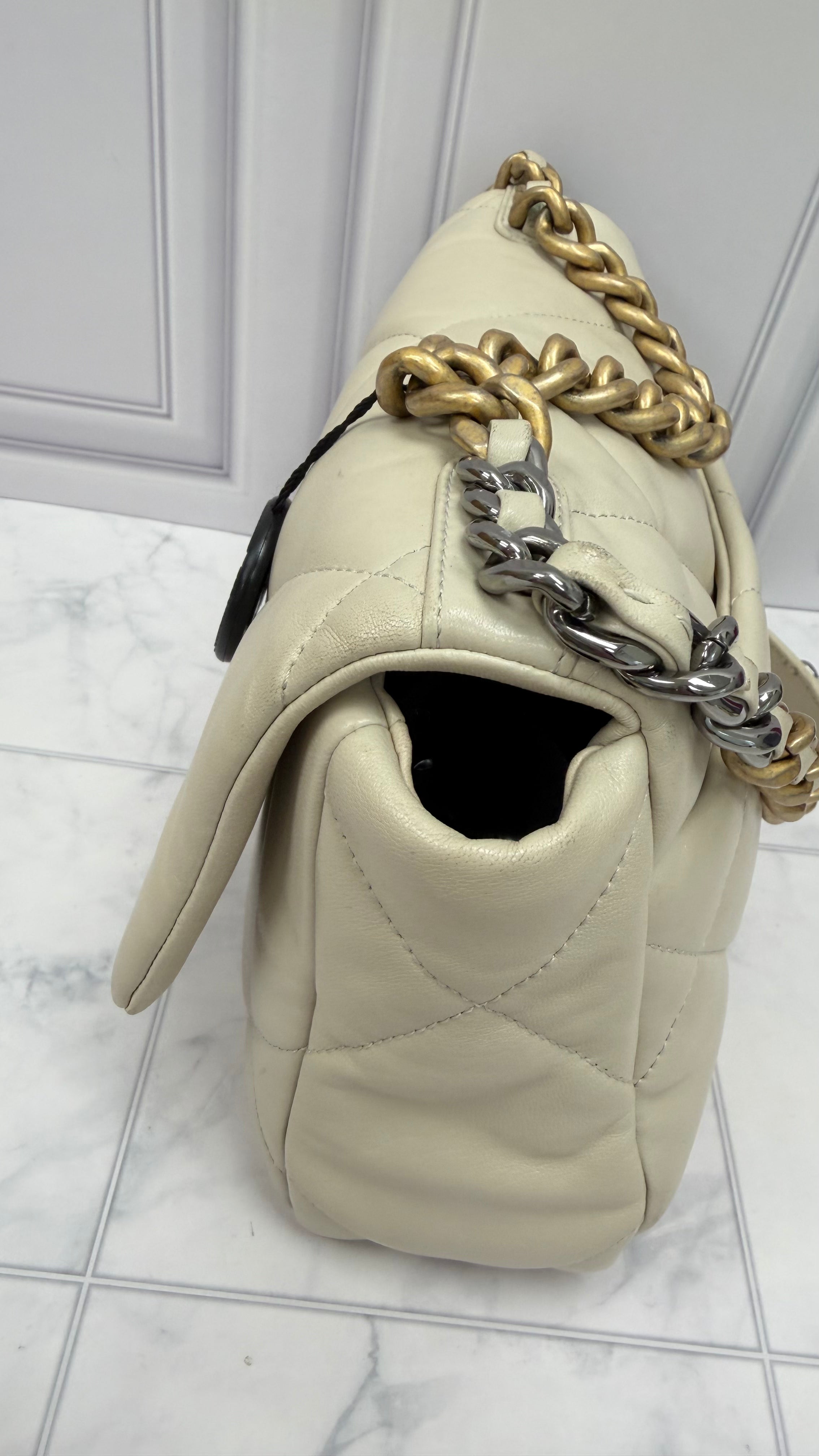 Chanel Beige Quilted Lambskin Chanel 19 Medium Flap Bag