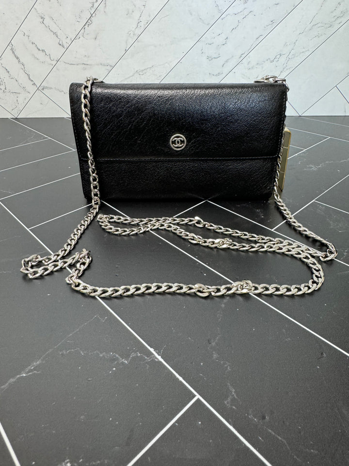 Chanel Black Leather Long Wallet on a Chain