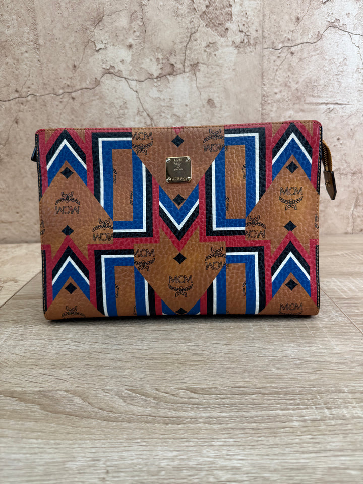 MCM Cognac Leather Visetos Gunta M Stripe Clutch Bag