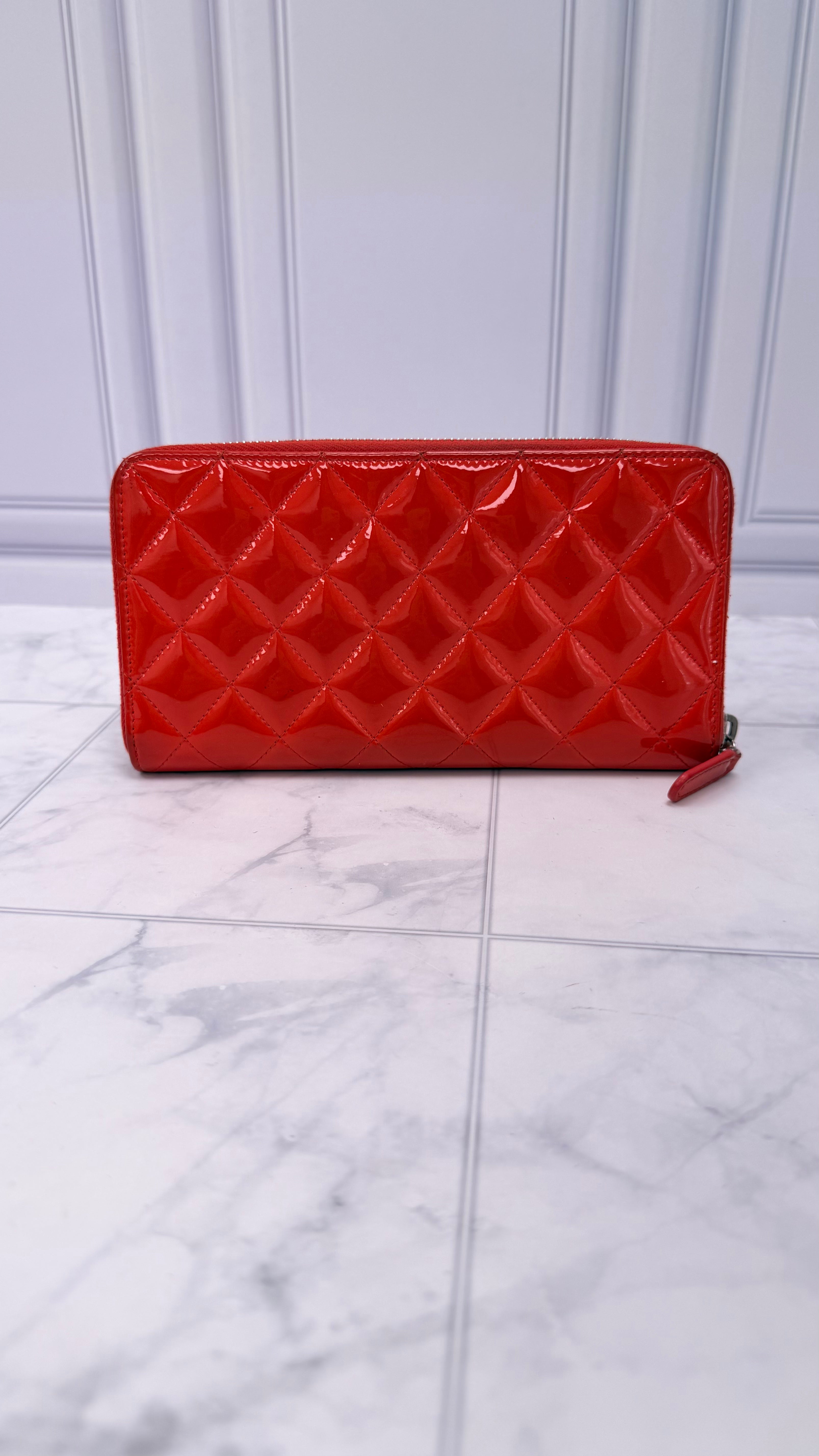 Chanel Red Patent Leather Quilted Zippy Wallet