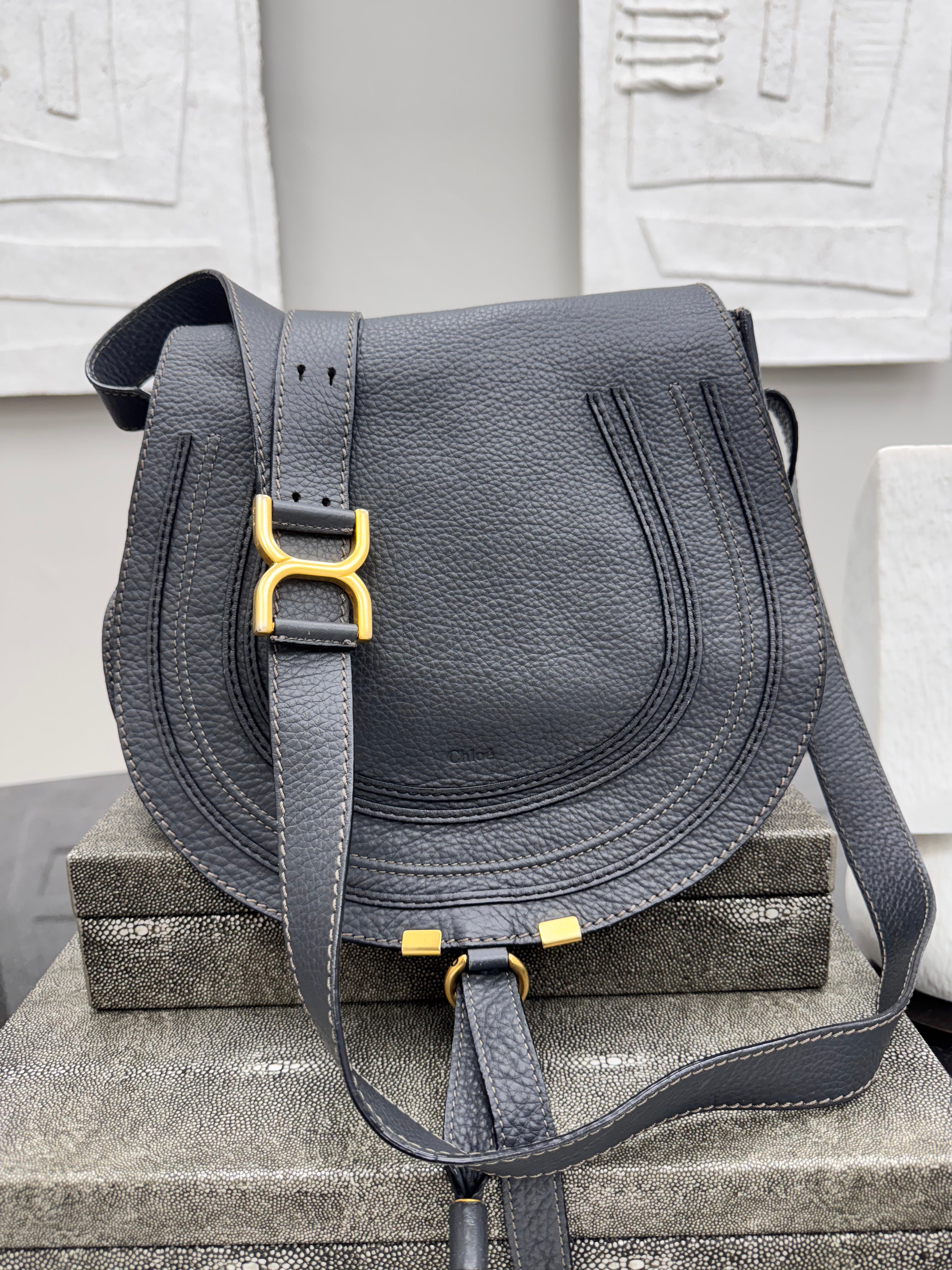 Chloe Dark Grey Grained Leather Medium Marcie Crossbody Bag