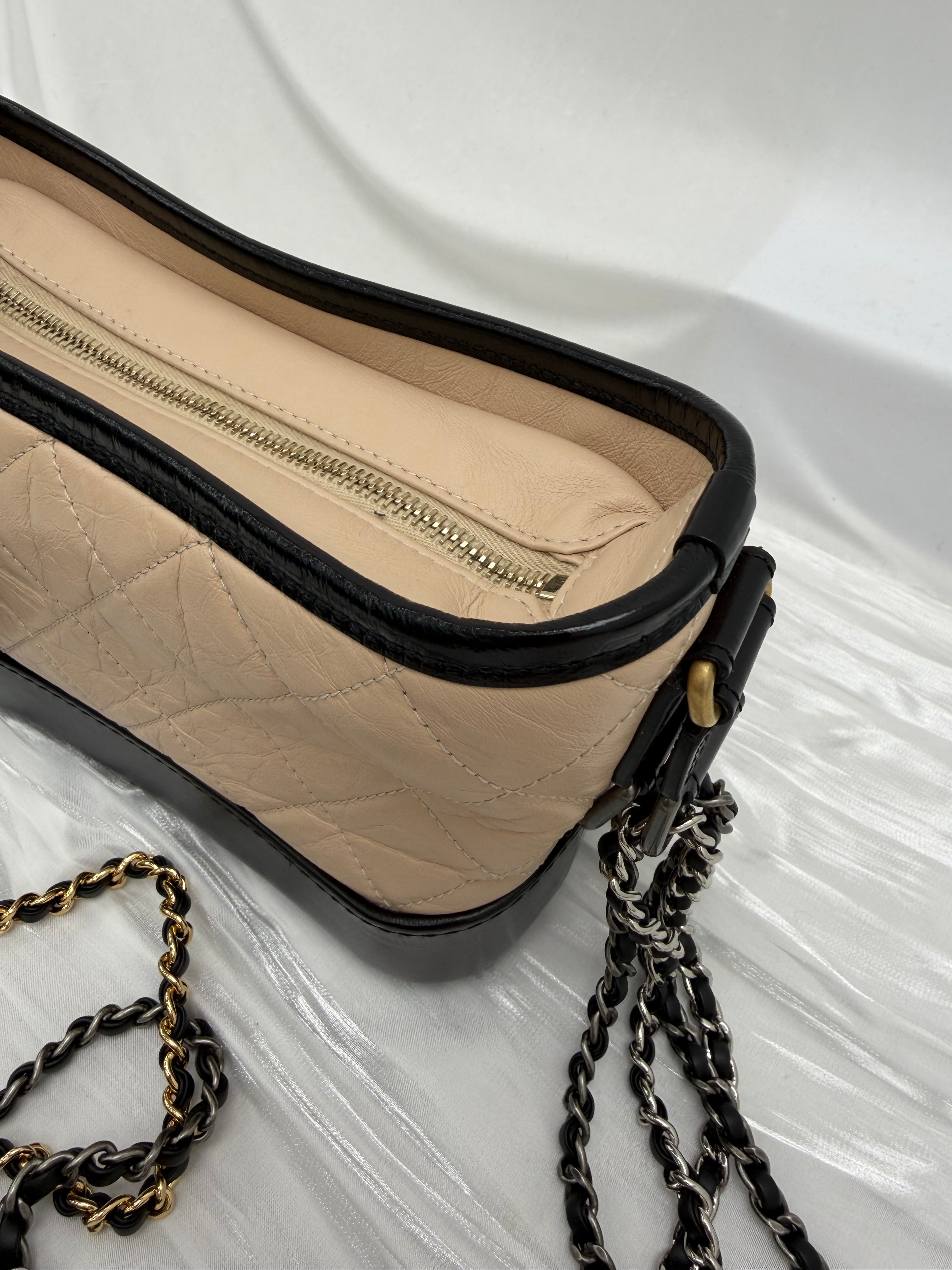 Chanel Beige & Black Aged Quilted Calfskin Small Gabrielle Hobo Bag