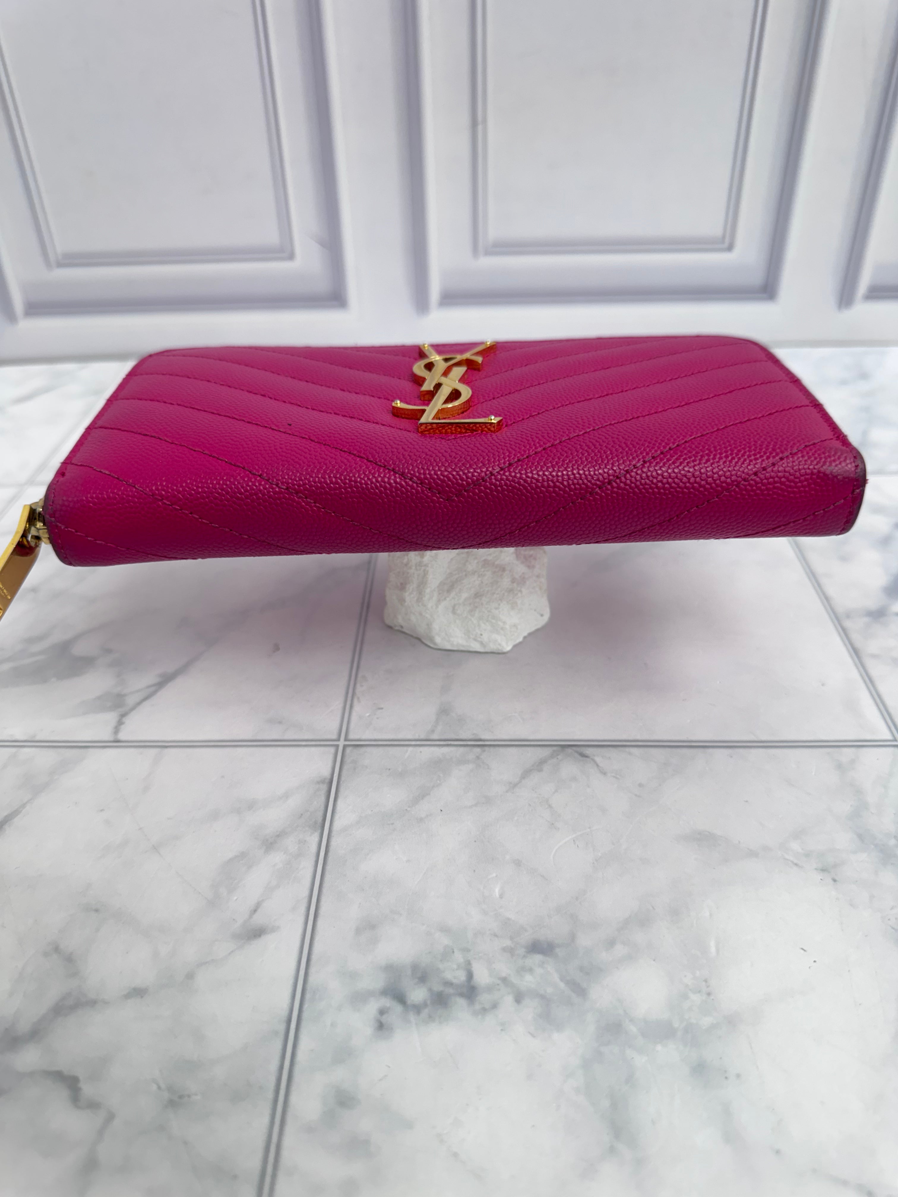 Saint Laurent YSL Pink Quilted Caviar Leather Zippy Wallet